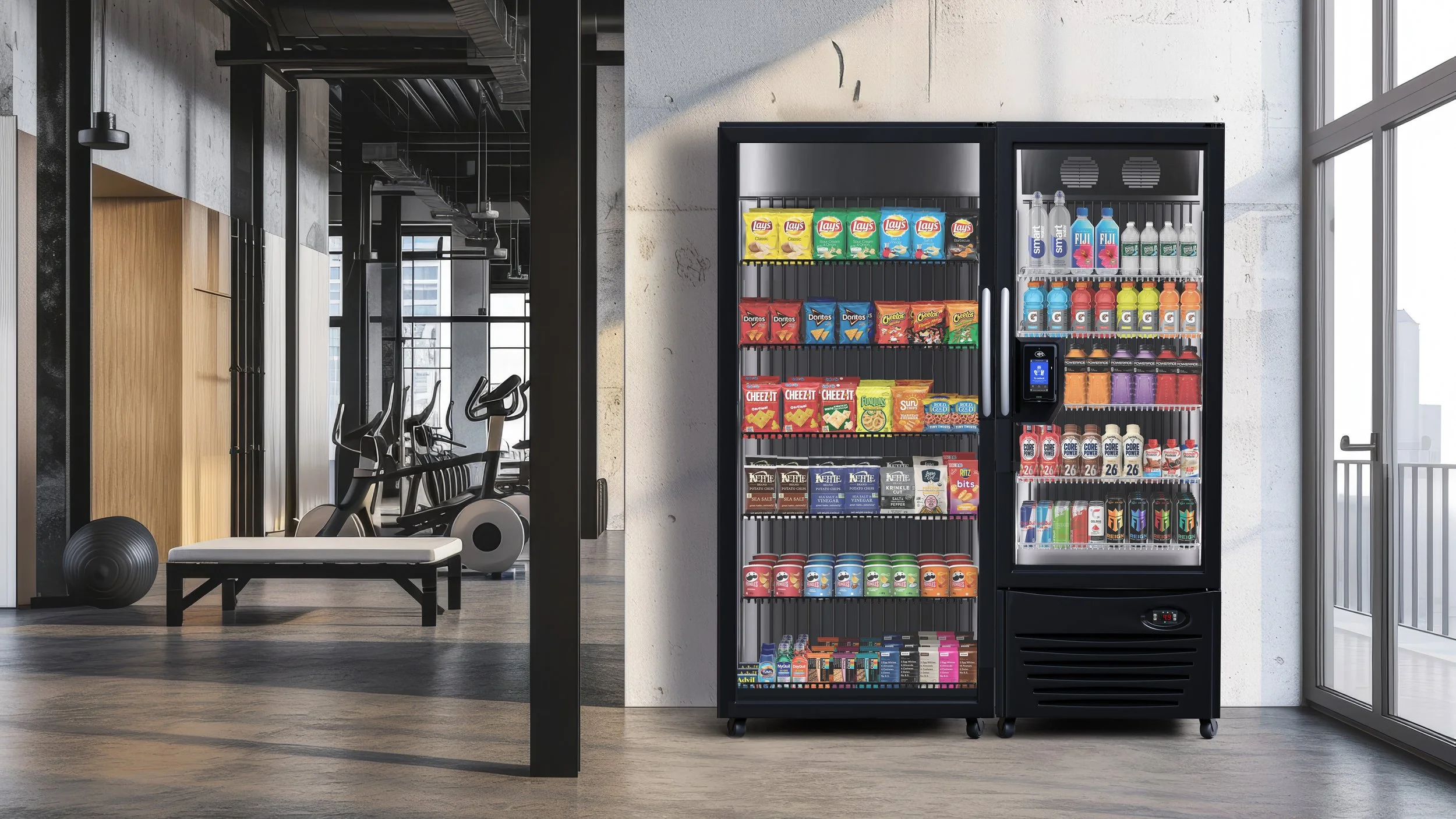 Vending machine stocked with snacks and drinks in a modern gym interior with exercise equipment and large windows.