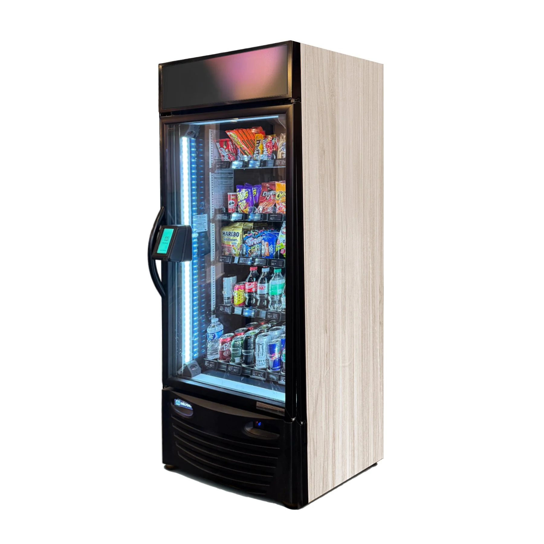 A vending machine with snacks and beverages inside, featuring a touchscreen payment panel on the front.