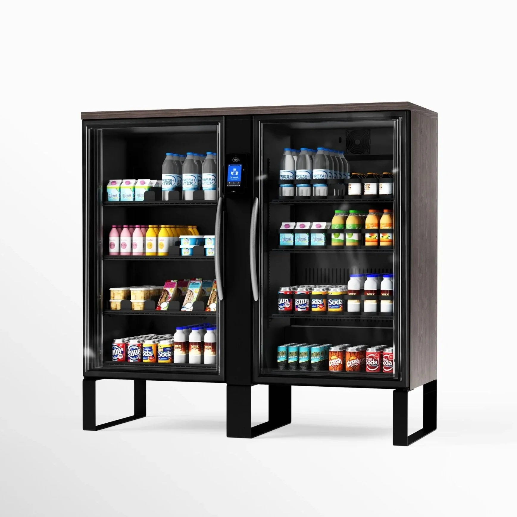 A vending machine with items like bottled water, juices, sodas, and snacks behind glass doors.