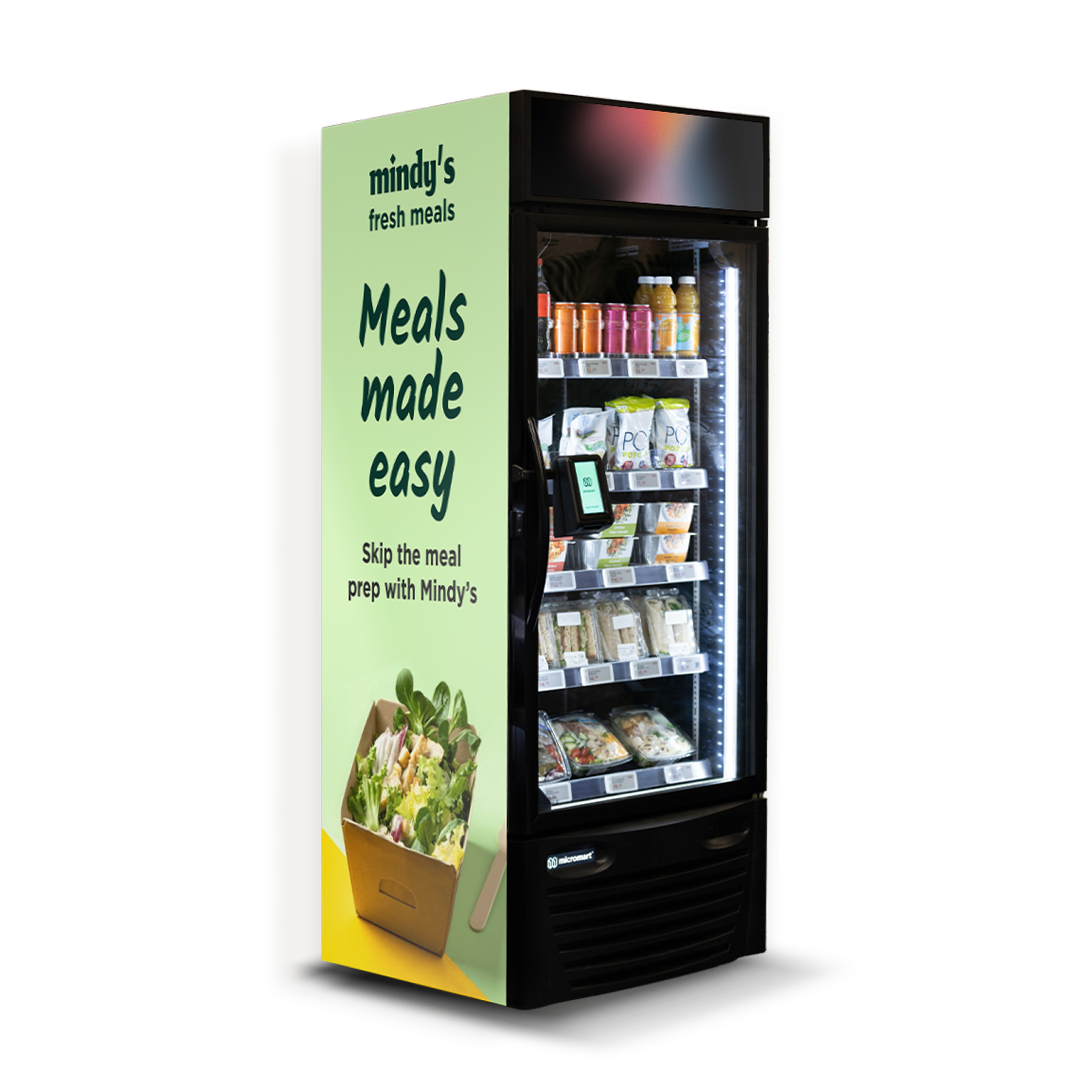 A vending machine stocked with various packaged food and drinks, with a side panel displaying text that promotes easy meal ordering through Mindy's, featuring an image of a salad in a brown paper bag.