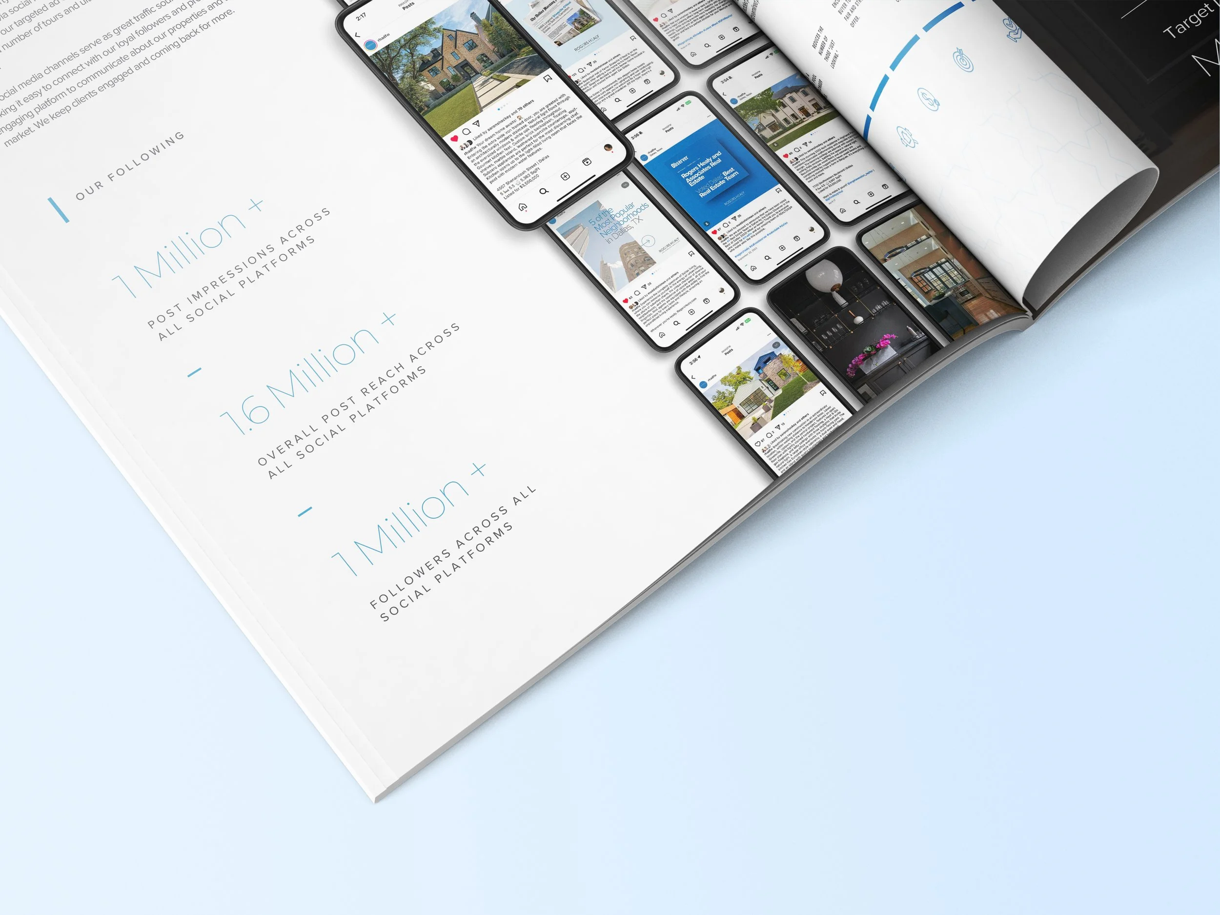 Open magazine or brochure displaying social media statistics with smartphones showing various social media posts, set on a light blue surface.