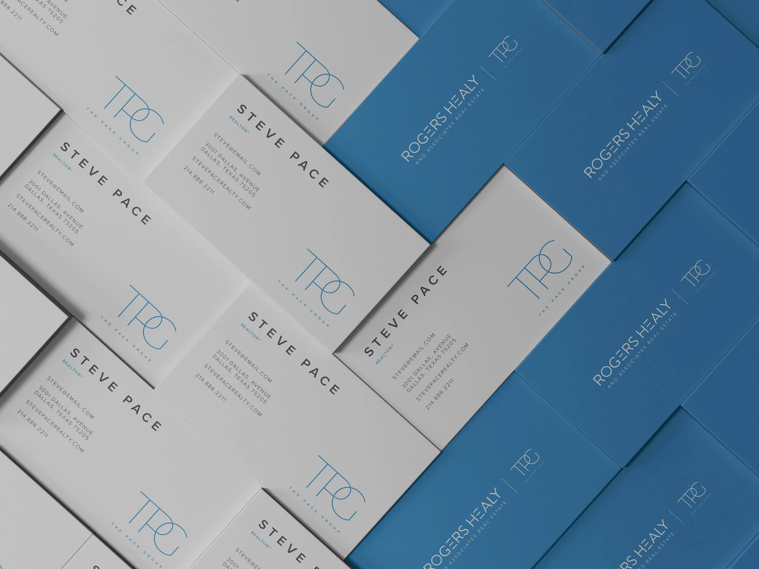 Multiple stacked business cards for Steve Pace and Rogers Healy and Associates Real Estate with white and blue backgrounds, displaying contact information and logos.