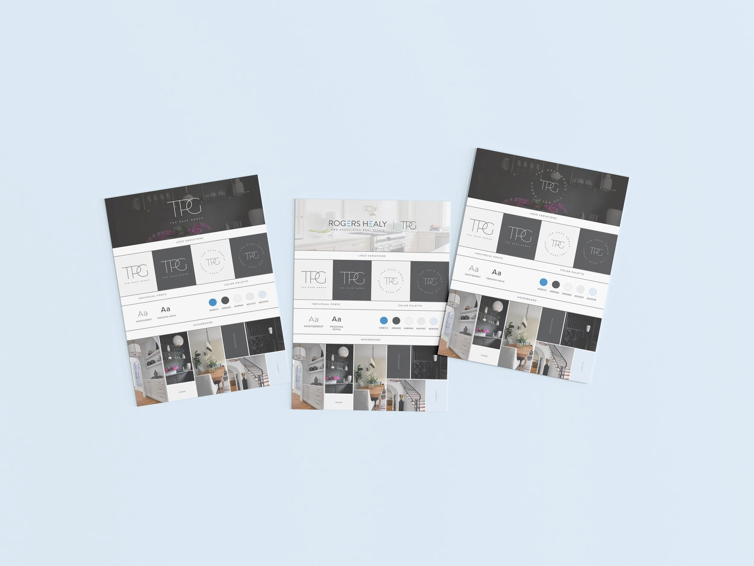 Three sheets of interior design or branding mood board sheets featuring logo variations, color palette, fonts, and interior photos, placed on a light blue background.