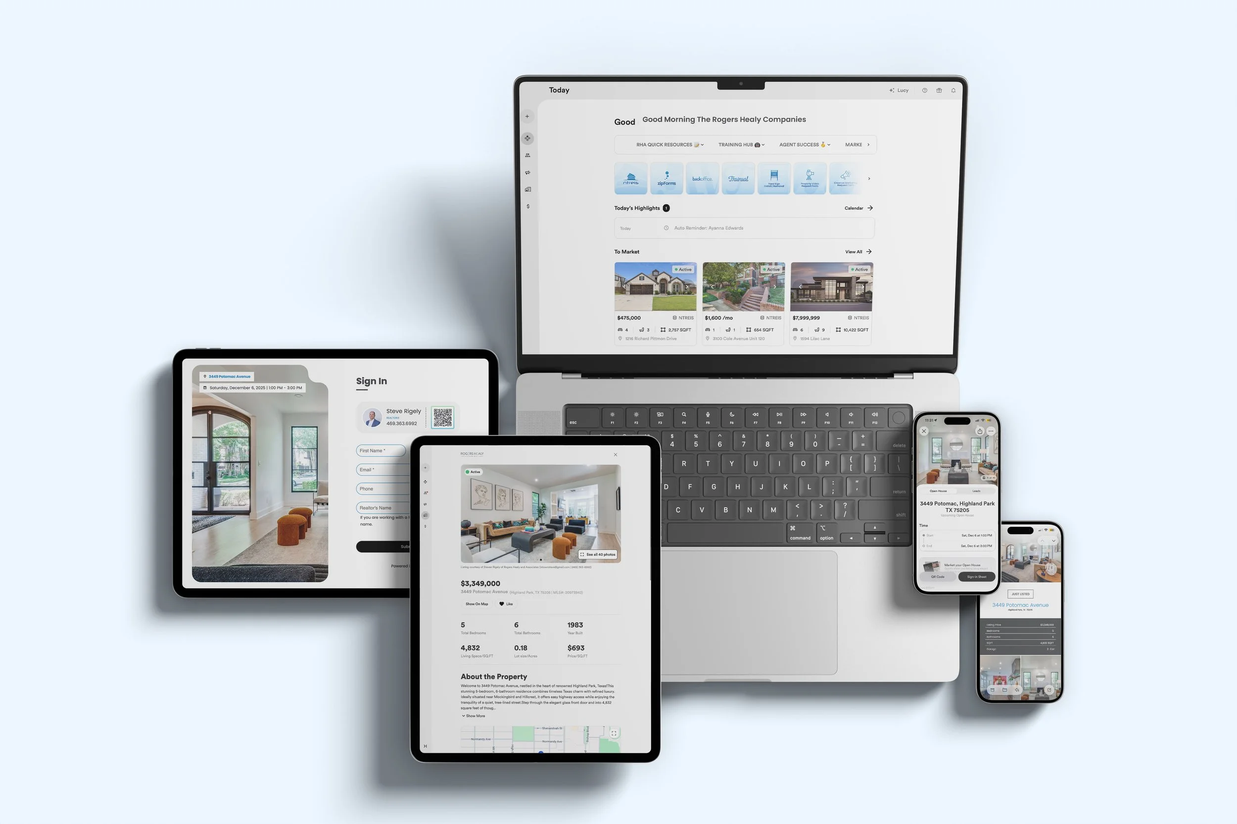 Multiple electronic devices displaying real estate listings, including a laptop showing a property management dashboard, tablets with property images and details, and smartphones with house listings.