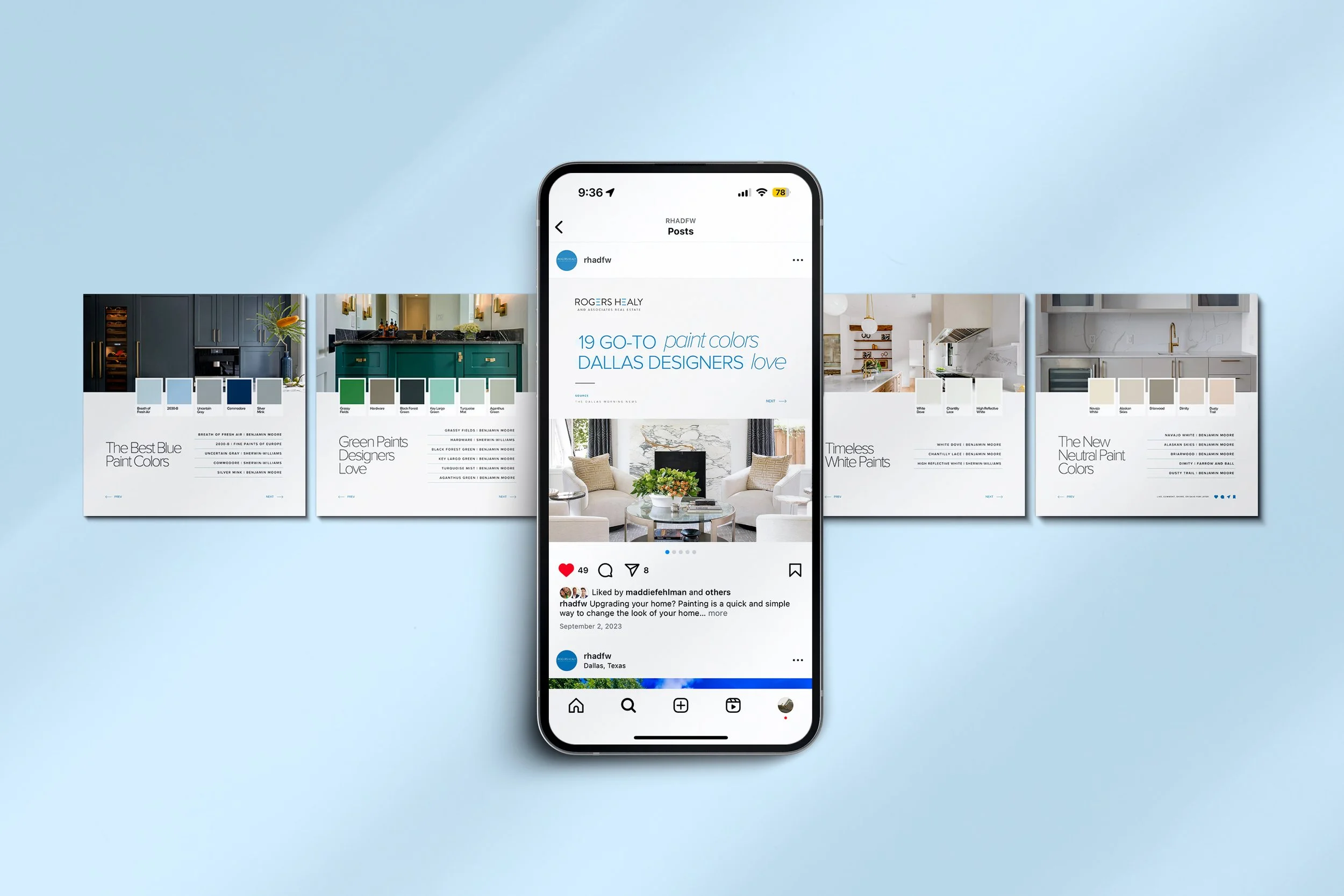 Smartphone displaying an Instagram post for a paint color guide, surrounded by four sheets of paper with paint color palettes and descriptions on a light blue background.