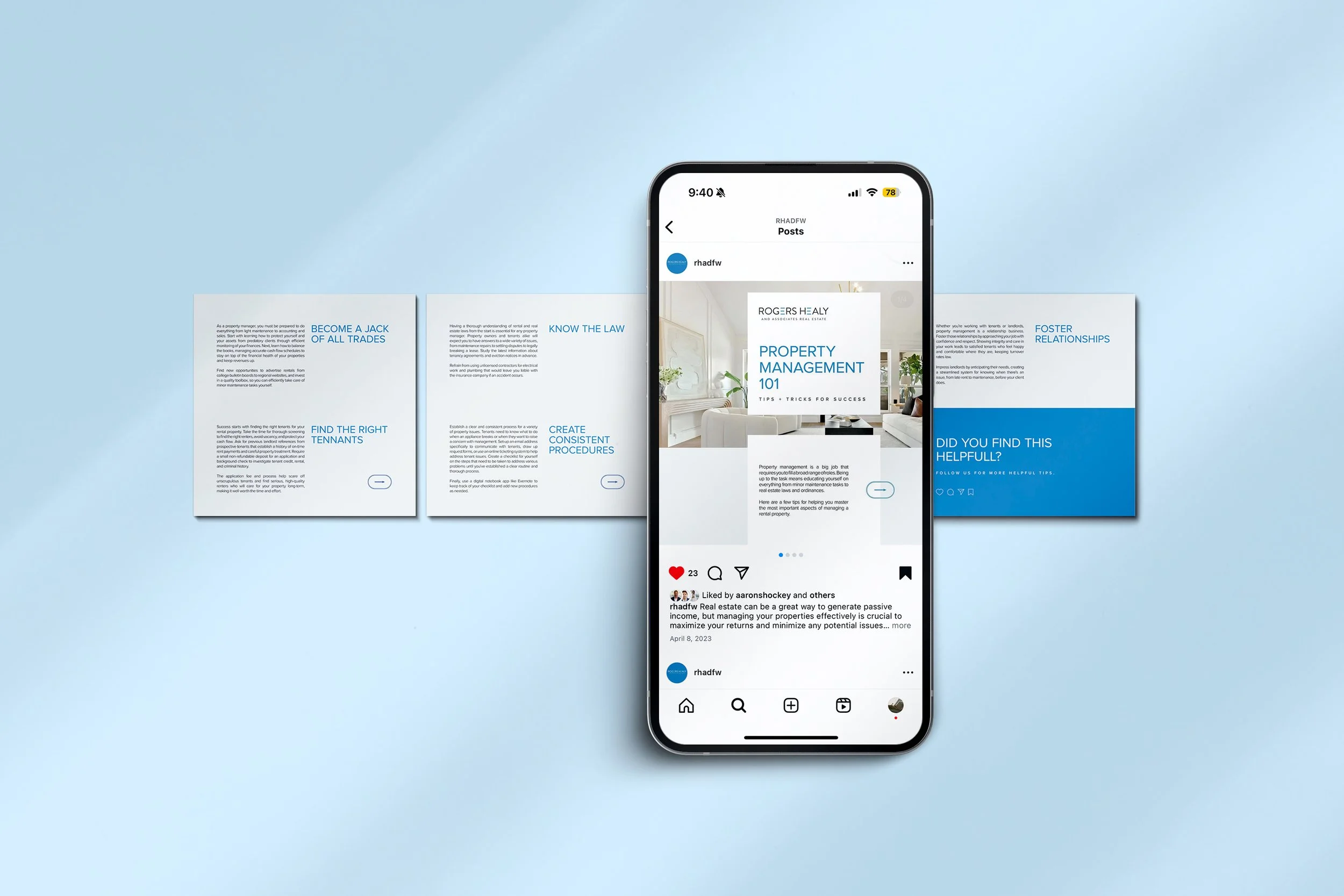 A smartphone displays an Instagram post about property management, surrounded by five blue and white informational cards on a light blue background.