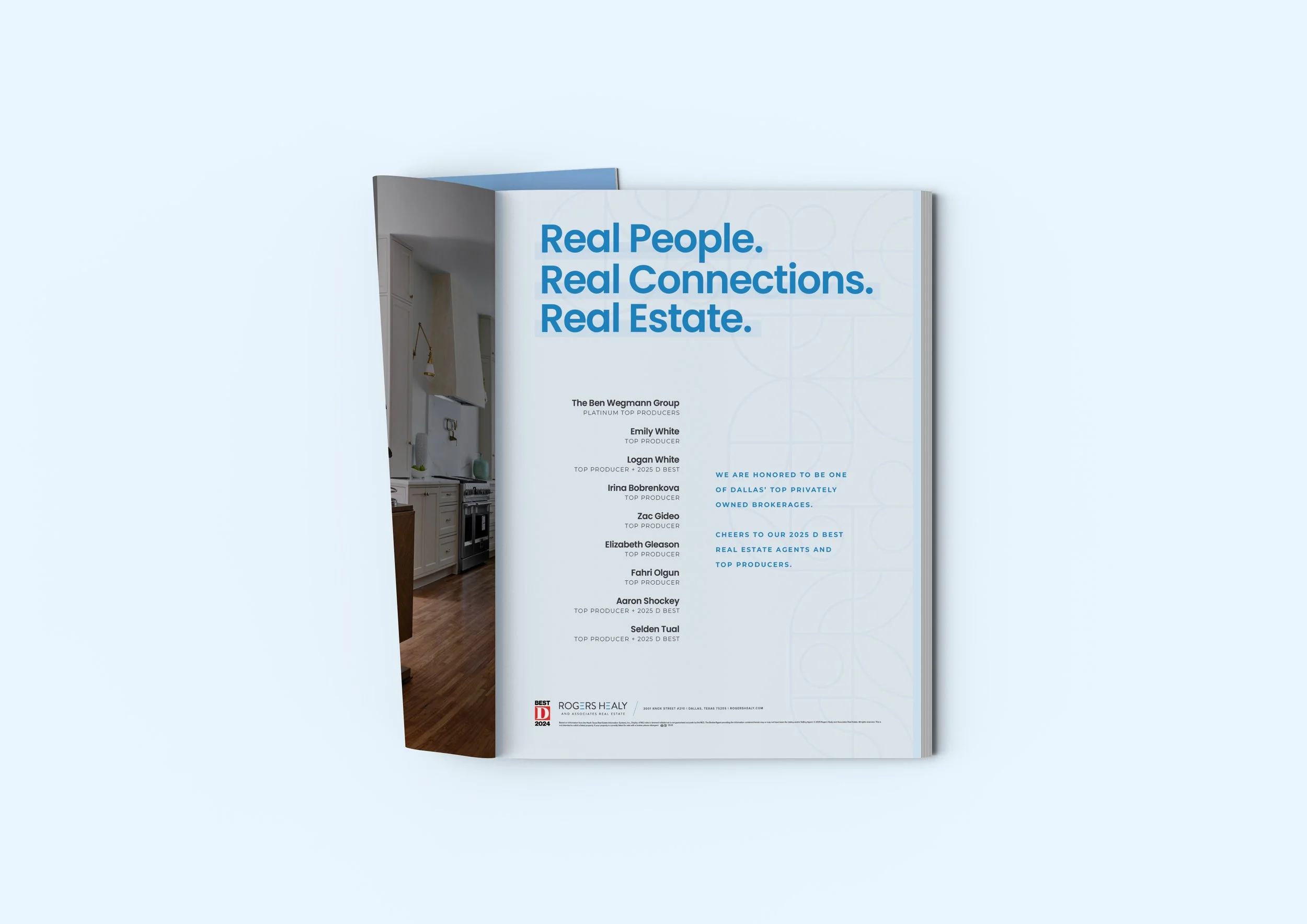 Open magazine showcasing real estate accolades and team members, with a kitchen visible inside.