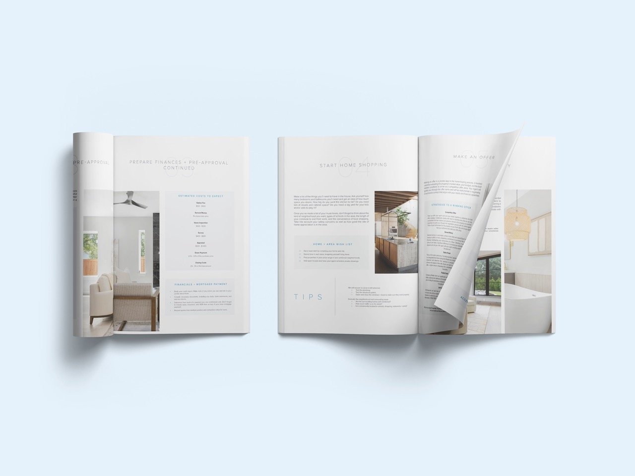 Open magazine showing images of interior home spaces, including a kitchen and bathroom, on a light blue background.