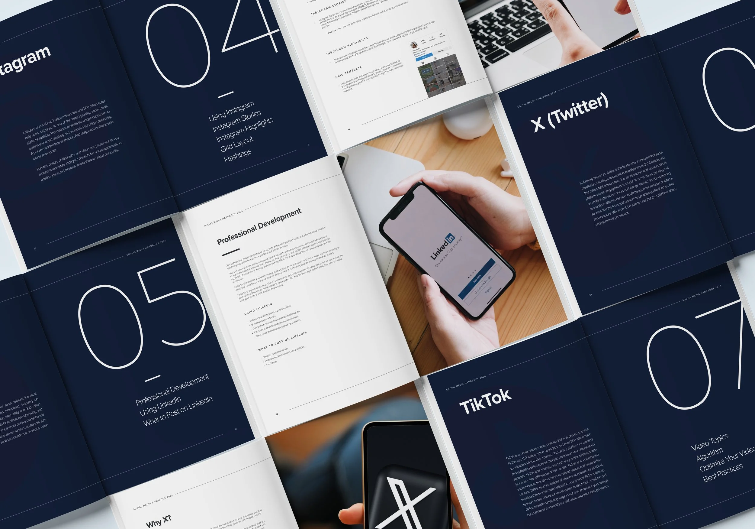 Open magazine or booklet with pages about social media platforms' guides and strategies, including sections on Instagram, Twitter, LinkedIn, TikTok, and professional development, along with a person holding a smartphone displaying the LinkedIn login screen.