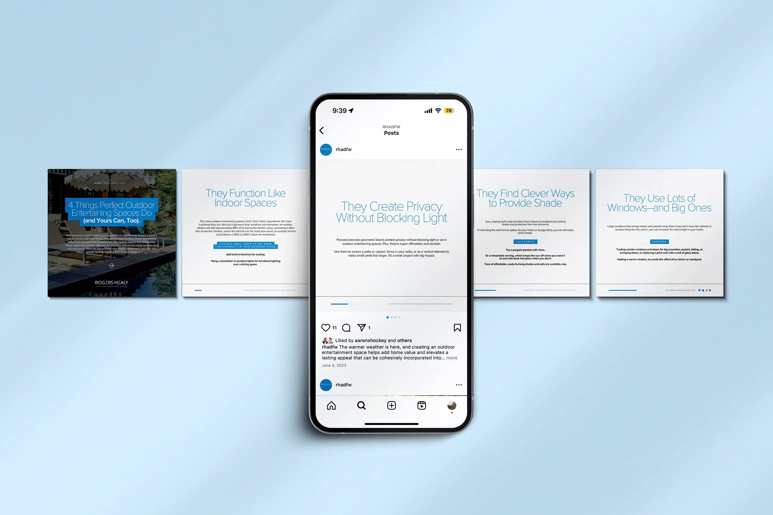 The image shows an Instagram post on a phone screen with a series of four informational slides about outdoor living spaces, surrounded by a light blue background. The slides have blue titles and white backgrounds with black text, featuring tips on creating outdoor entertaining and privacy solutions.