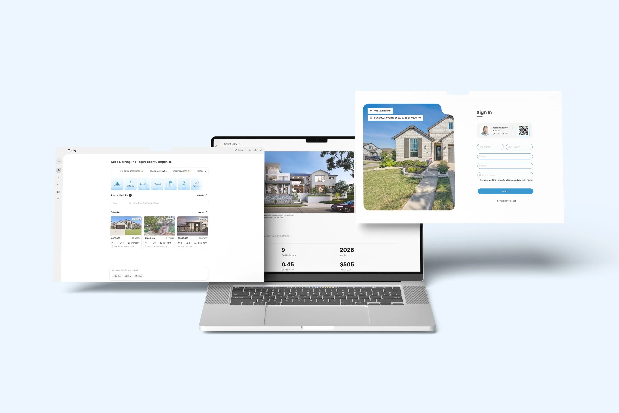 A laptop displaying multiple windows of real estate websites and applications with house images and property listings, set against a light blue background.