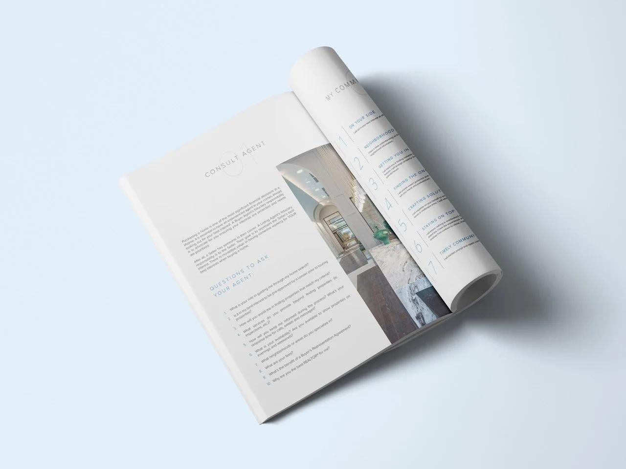 An open magazine displaying a page about consulting agents, with a glossy interior image of a modern building, and a page showing a numbered list of topics.