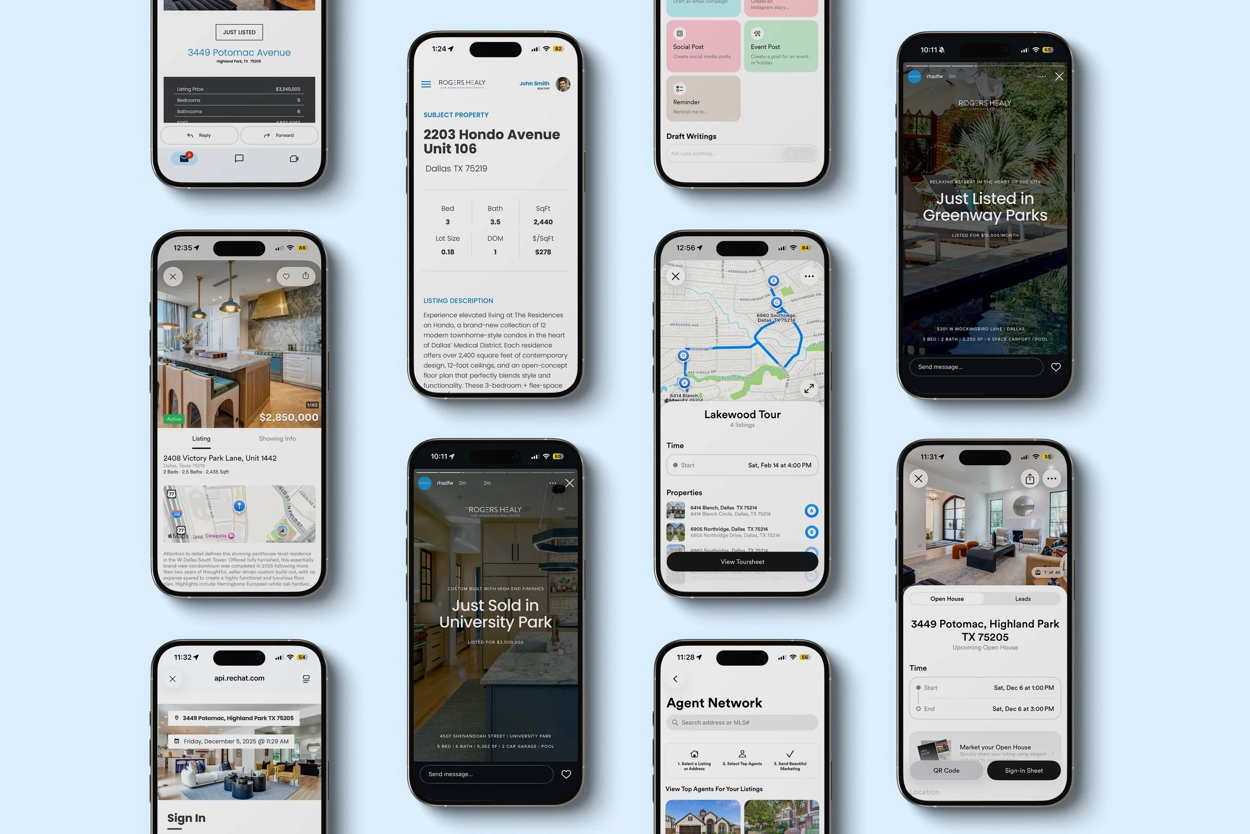 Collection of 12 real estate mobile app screens on various smartphones displaying property listings, virtual tours, maps, open house schedules, and agent networks.