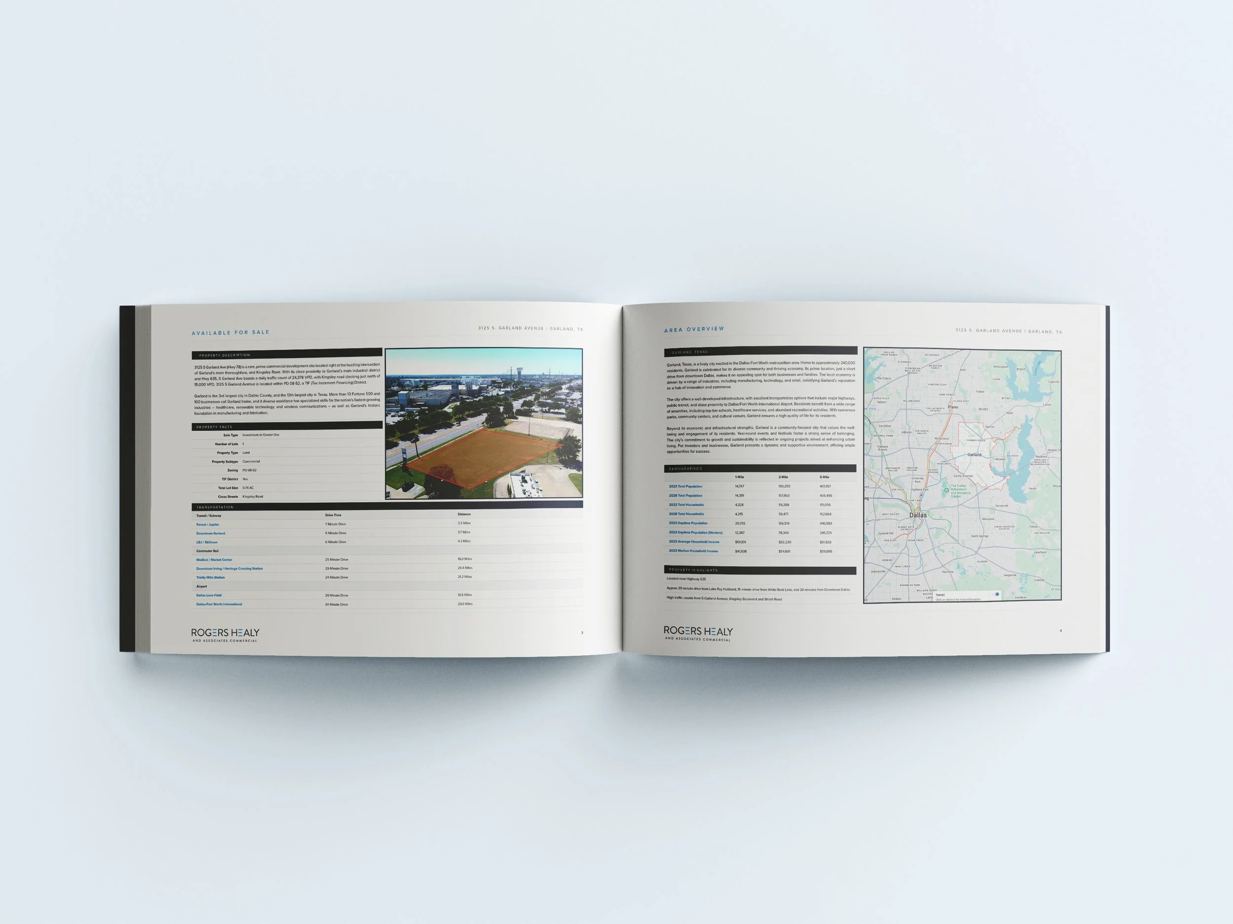 Open real estate brochure showing property details with aerial map and city overview of Garland, Texas.