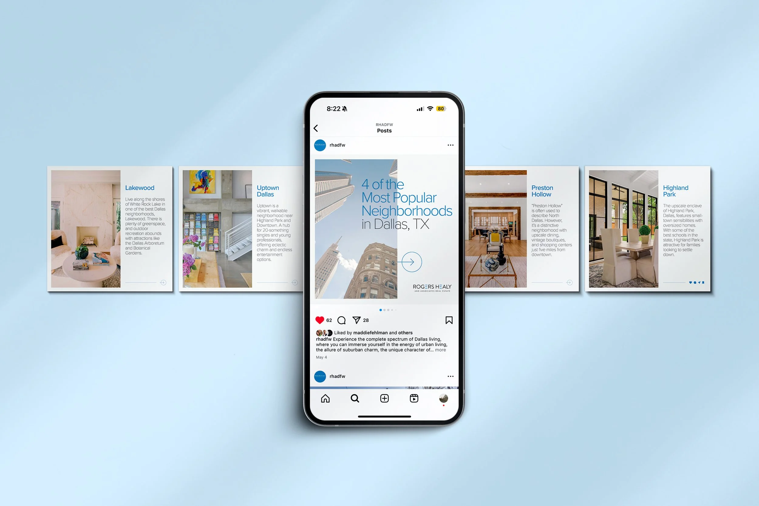 Sample Instagram post on a smartphone featuring the most popular neighborhoods in Dallas, TX, with photos and descriptions of various areas, including Lakewood, Uptown Dallas, Preston Hollow, and Highland Park.