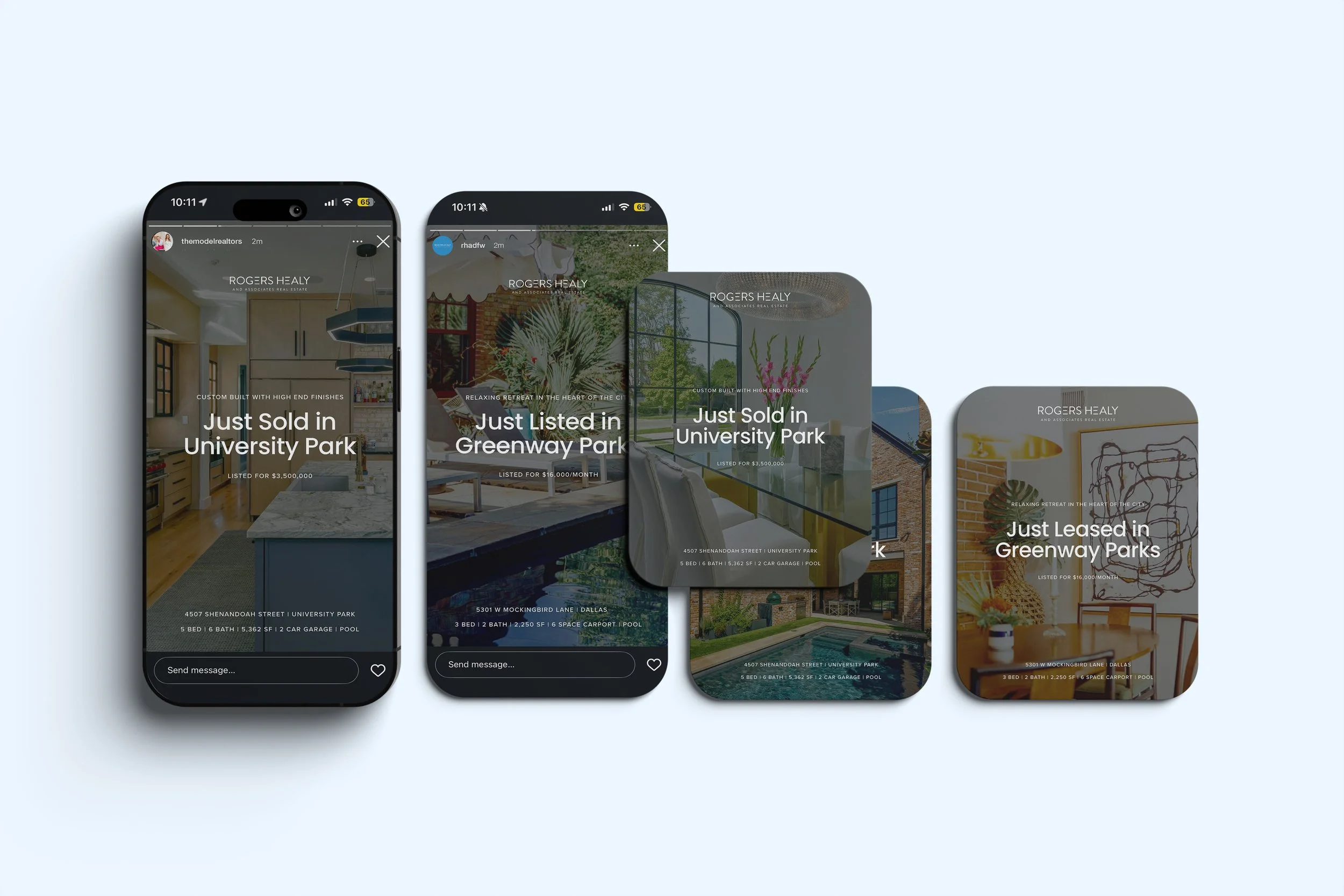 Four smartphone screens displaying real estate listing posts, showing images of houses and interior spaces with overlaid text about sold, listed, or leased properties in University Park, Greenway Park, and Dallas.