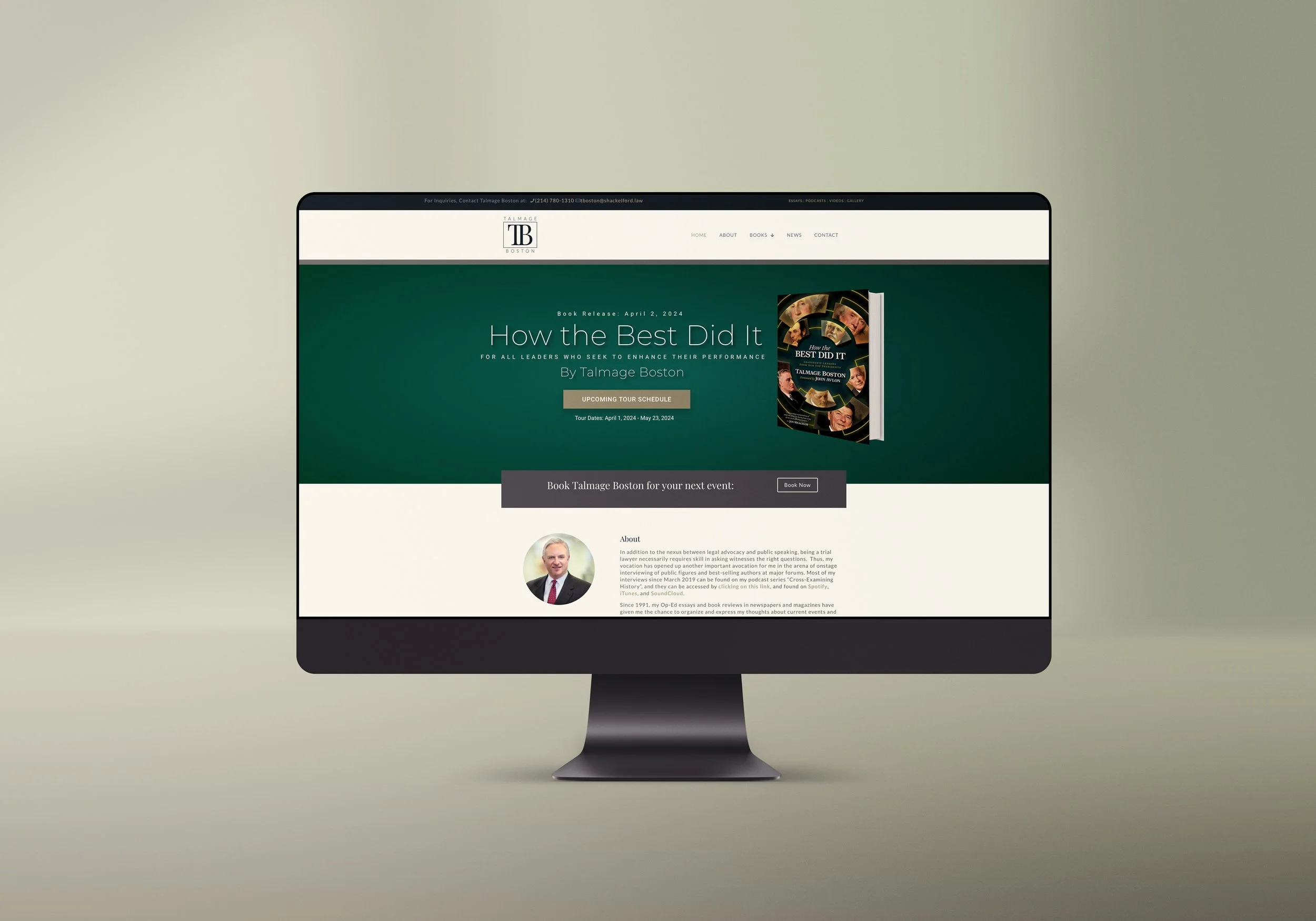 Computer monitor displaying a website for a book titled 'How the Best Did It' by Talmage Boston. The webpage features a green header, a book cover image, and a section about the author with a portrait. There is a dark gray button to book an event, and the website's logo 'TB' at the top.