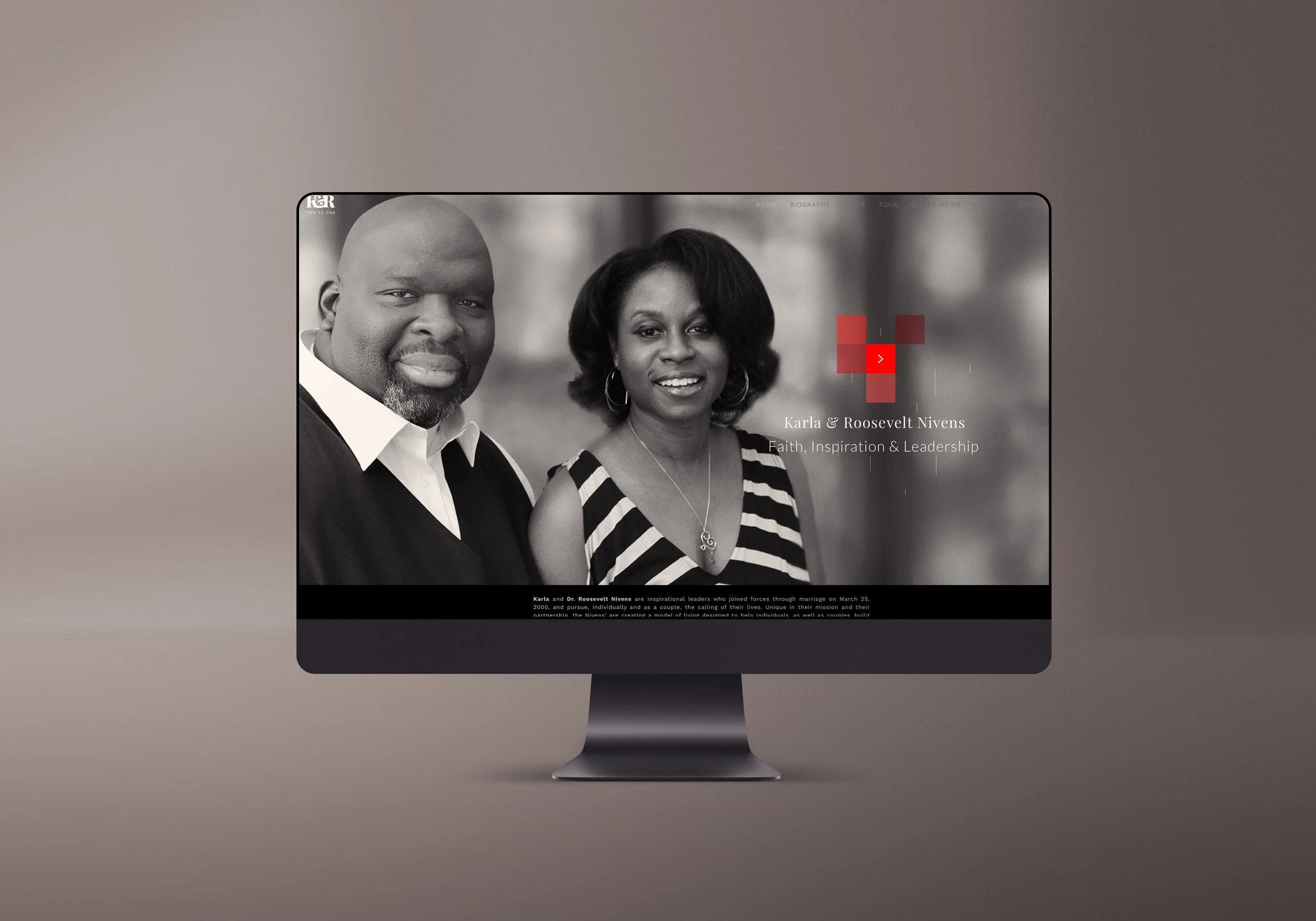 Black and white photograph of a man and woman, both smiling, on a computer screen. The man has a beard and is wearing a shirt and vest. The woman has shoulder-length hair, hoop earrings, a striped sleeveless top, and a necklace. Text on the screen reads 'Karla & Roosevelt Nivens Faith, Inspiration & Leadership'.