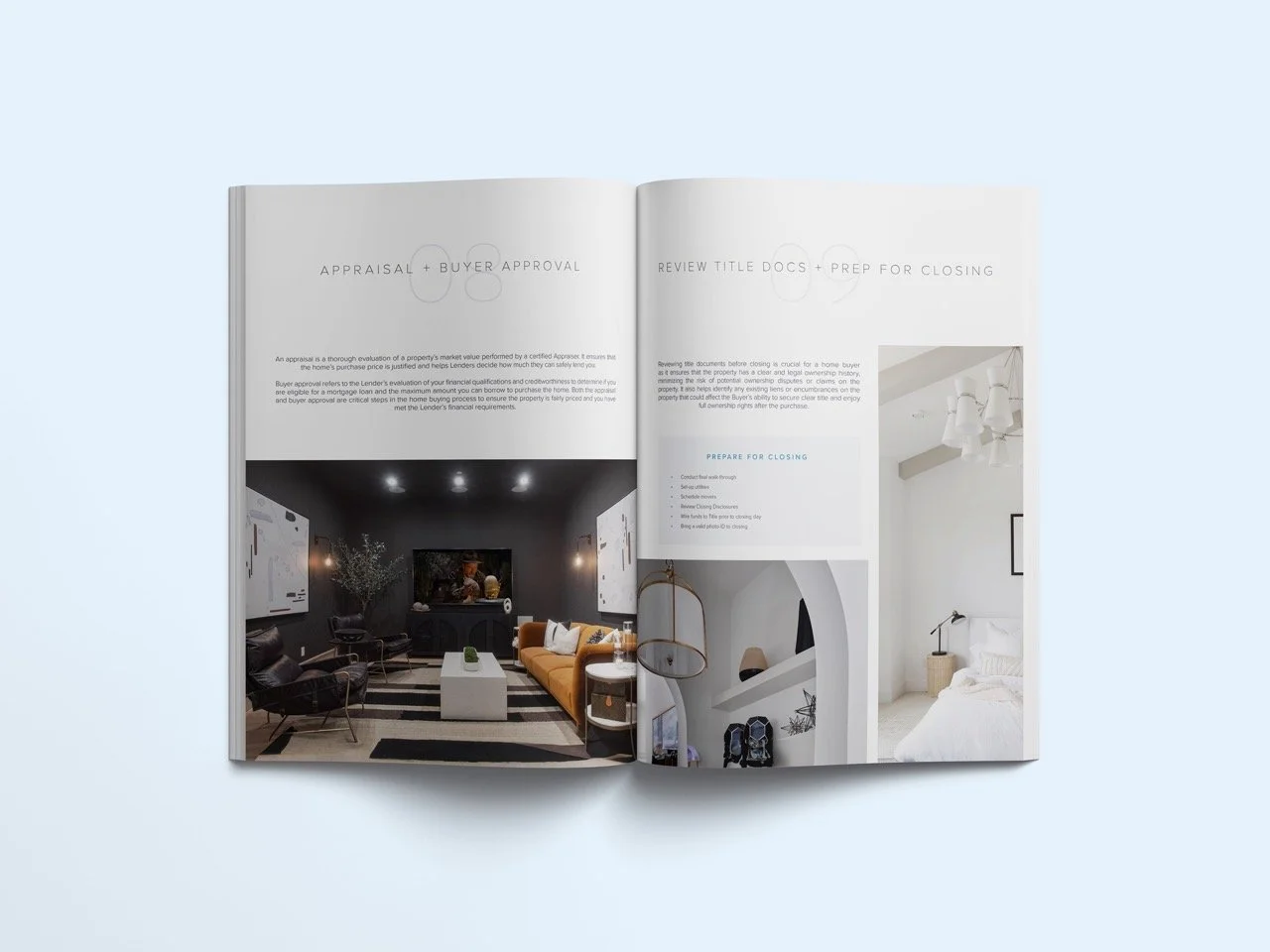 Open magazine with interior design photos, showing a dark living room with a yellow couch on the left page and a white bedroom on the right page.