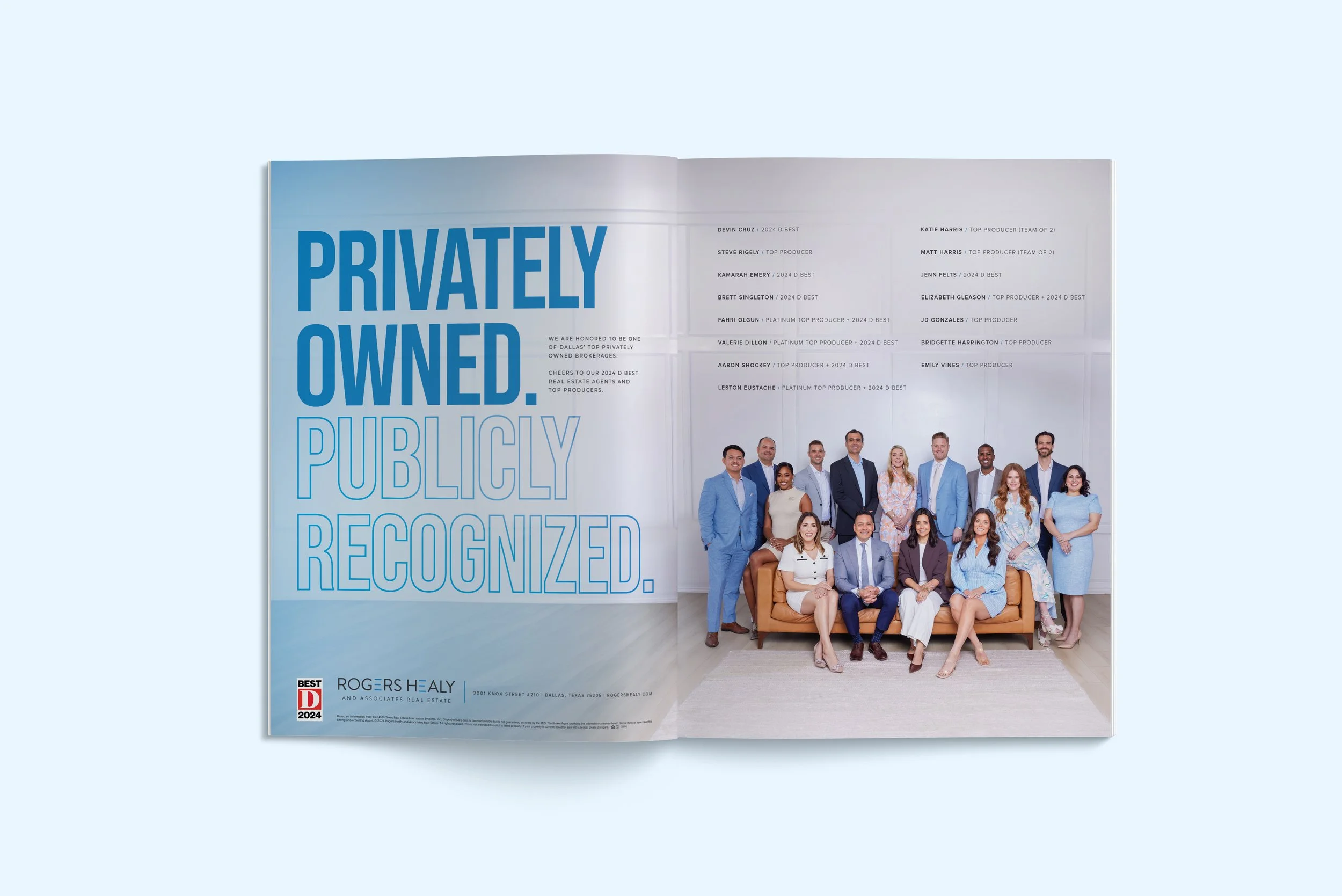 A magazine spread featuring a group photo of real estate professionals, with bold text stating 'Privately Owned. Publicly Recognized.' and a list of names and achievements.