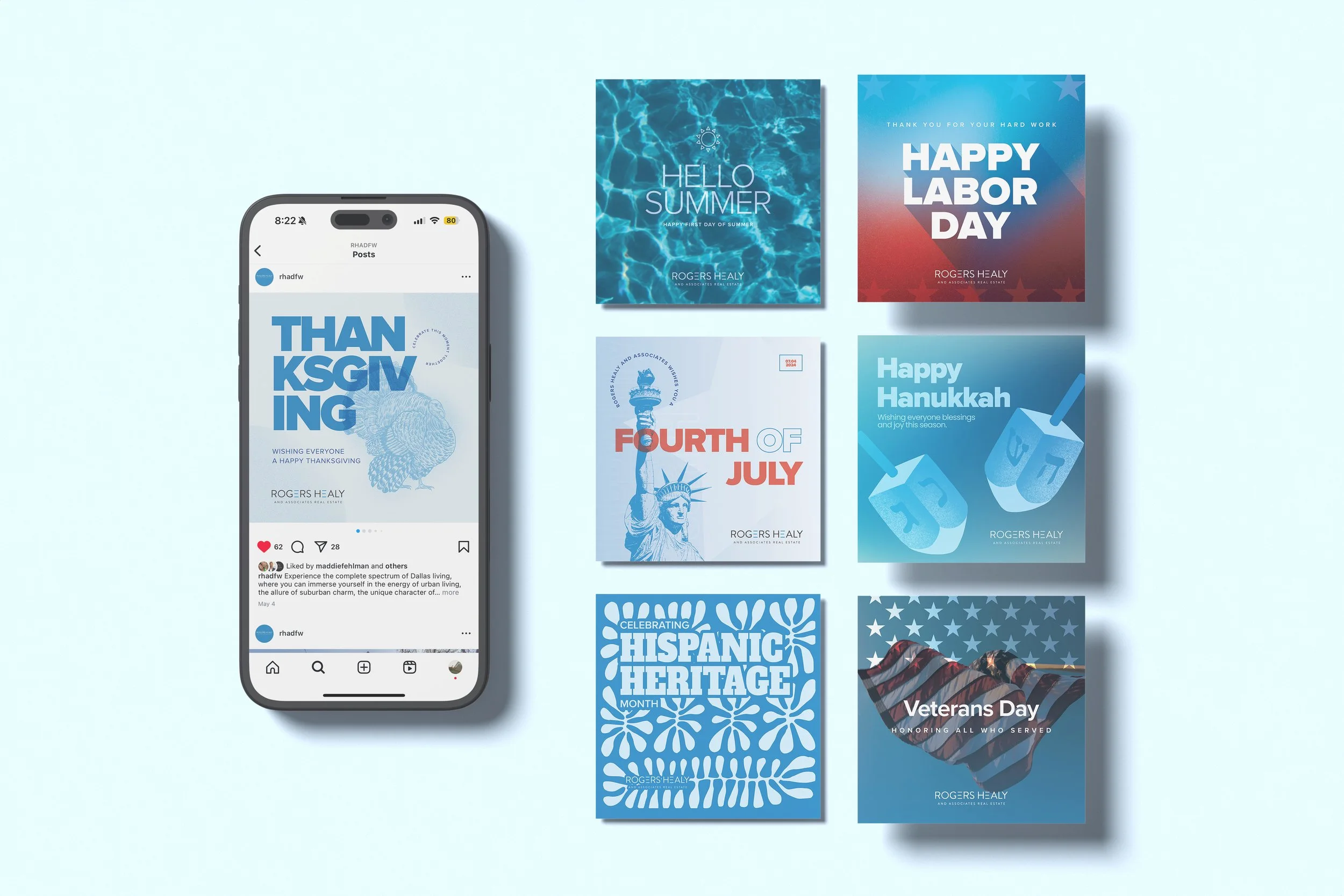 An Instagram post on a smartphone screen with the text "THANK KSGV INC" and a turkeys illustration, surrounded by six greeting cards in shades of blue and red for various American holidays including summer, Labor Day, Fourth of July, Hanukkah, Hispanic Heritage Month, and Veterans Day.