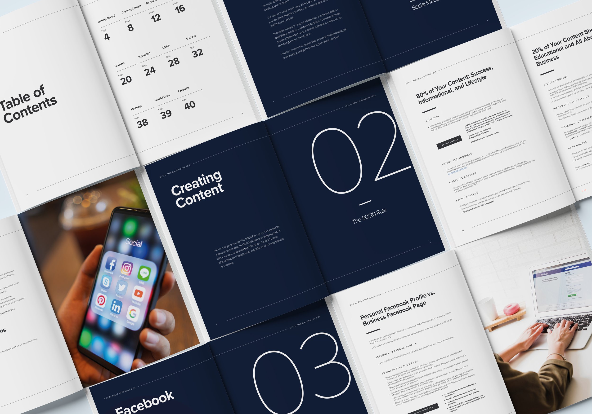 Open magazine or booklet with social media content planning guide, showing pages titled 'Creating Content' and 'Facebook.' Pages include text and graphics, with one page featuring a person's hand holding a phone displaying social media icons.