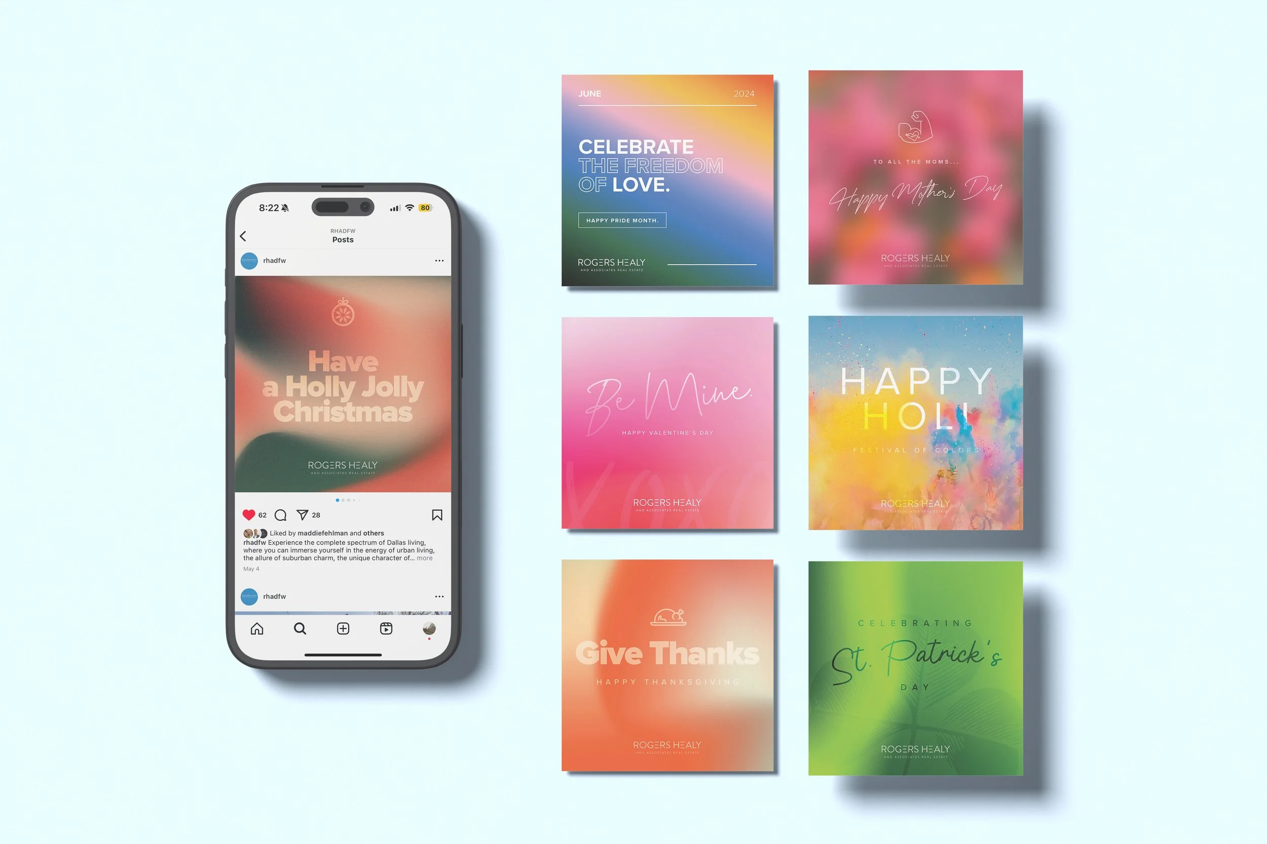 A smartphone displaying an Instagram post with the message 'Have a Holly Jolly Christmas' from Rogers Healy, placed on a light blue background. To the right of the phone are six colorful cards with festive messages, including celebrations for Pride Month, Mother's Day, Valentine's Day, Christmas, Thanksgiving, and St. Patrick's Day.
