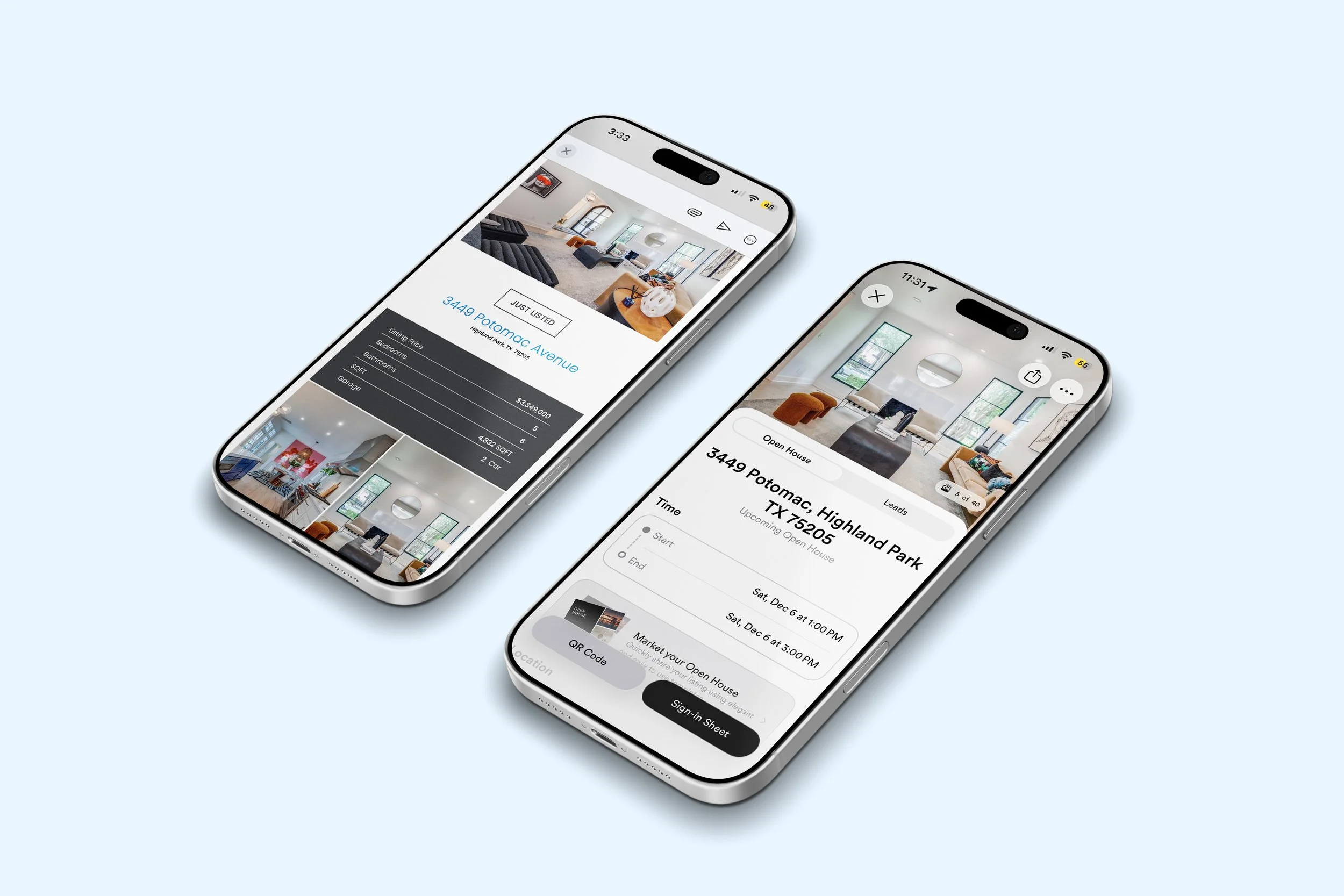 Two smartphones displaying real estate open house listings for a property at 3449 Potomac Avenue, Highland Park, TX. The screens show interior photos, property details, and scheduled viewing times.