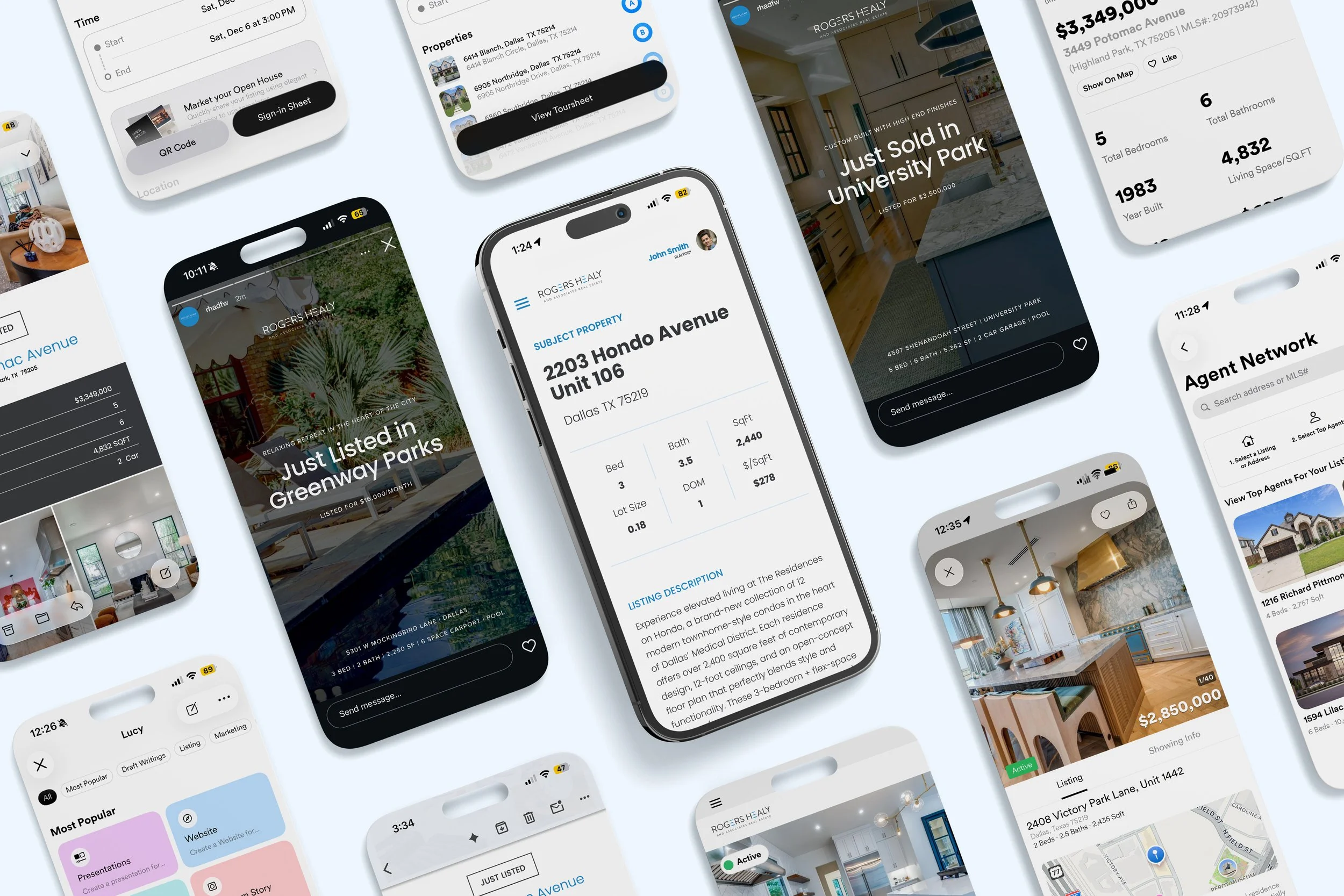 Multiple real estate mobile app screens showing property listings, details, and maps, with some listings recently sold or listed in Dallas, TX.