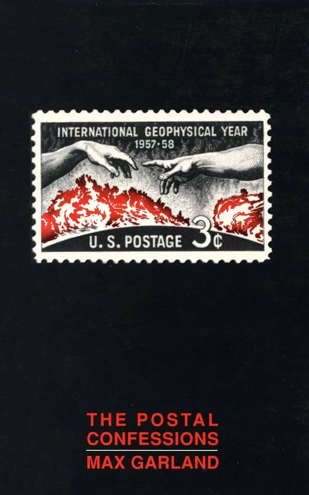 The Postal Confessions book cover, a postage stamp that says 'International Geophysical Year 1957-58, U.S. Postage 3 cents' on a black background.