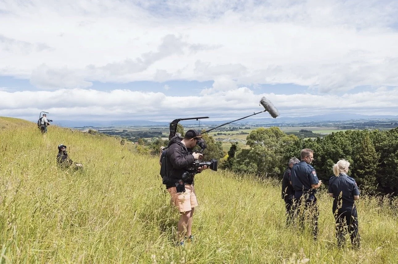 Camera operator Luke Frater with the Frank Productions team filming with Fire and Emergency New Zealand in Maraekakaho, Hastings