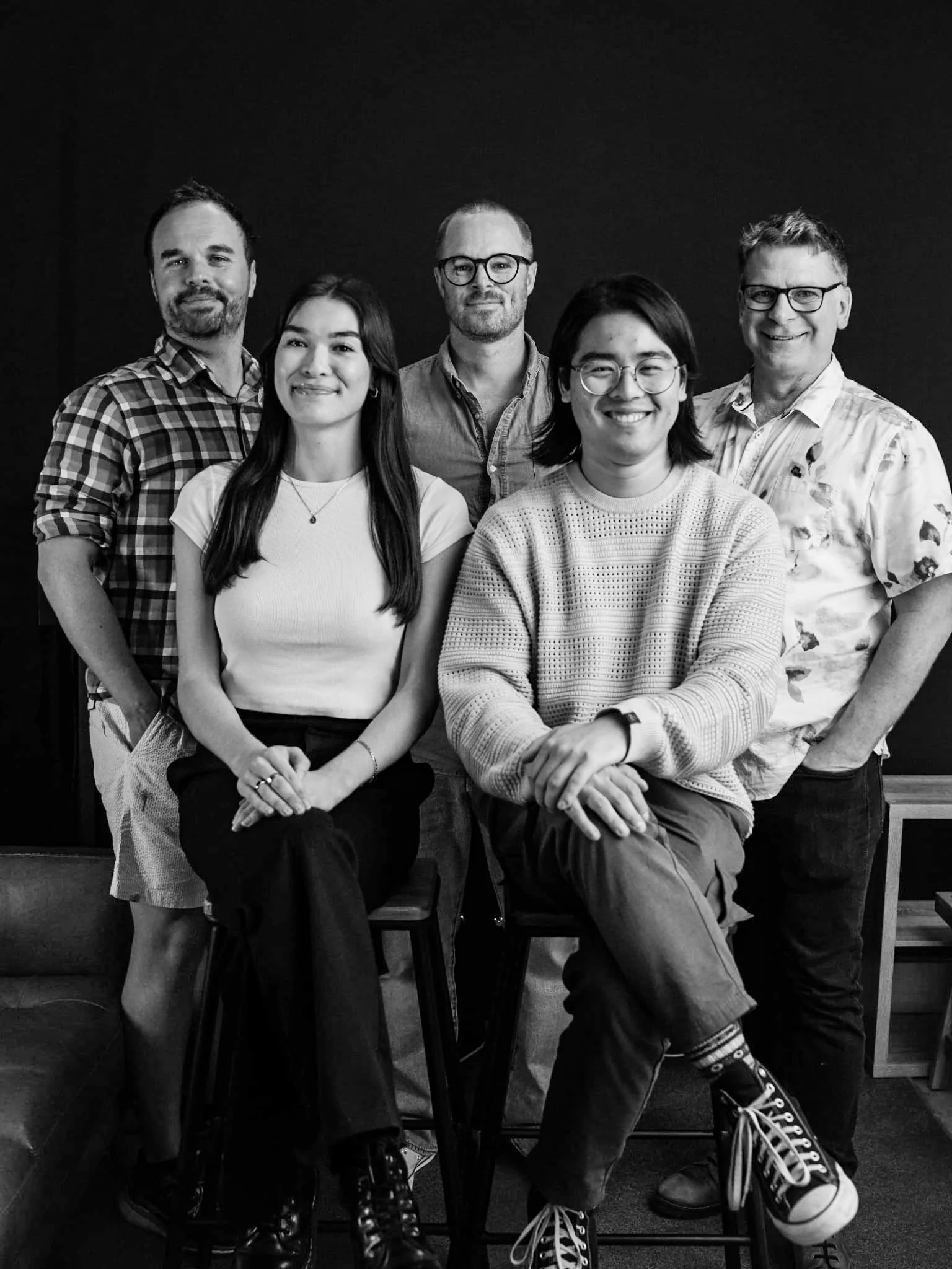 Smiling Hamish McCormick, Luke Frater, Chris Ward, Grace Bush and William Cho Frank Productions portrait team photo