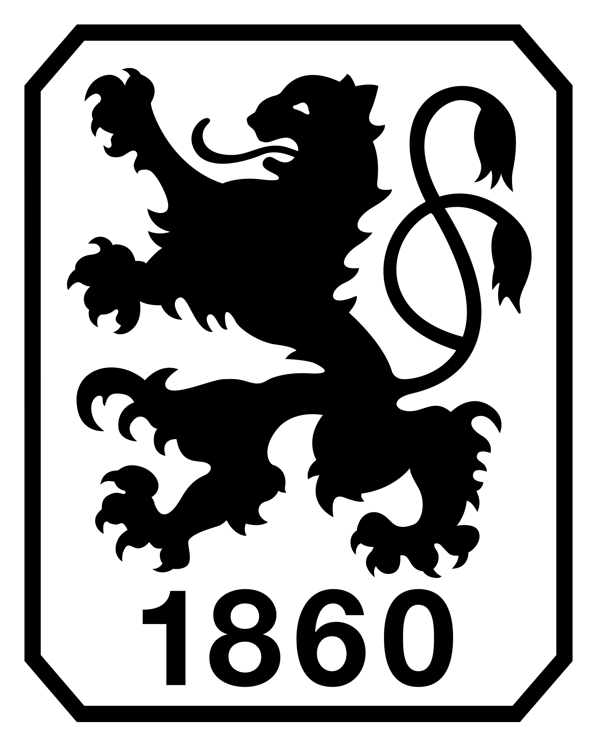 Schwarz-weiß-Warnschild mit einem Löwenemblem, Jahr 1860, umrandet mit einer dicken schwarzen Linie