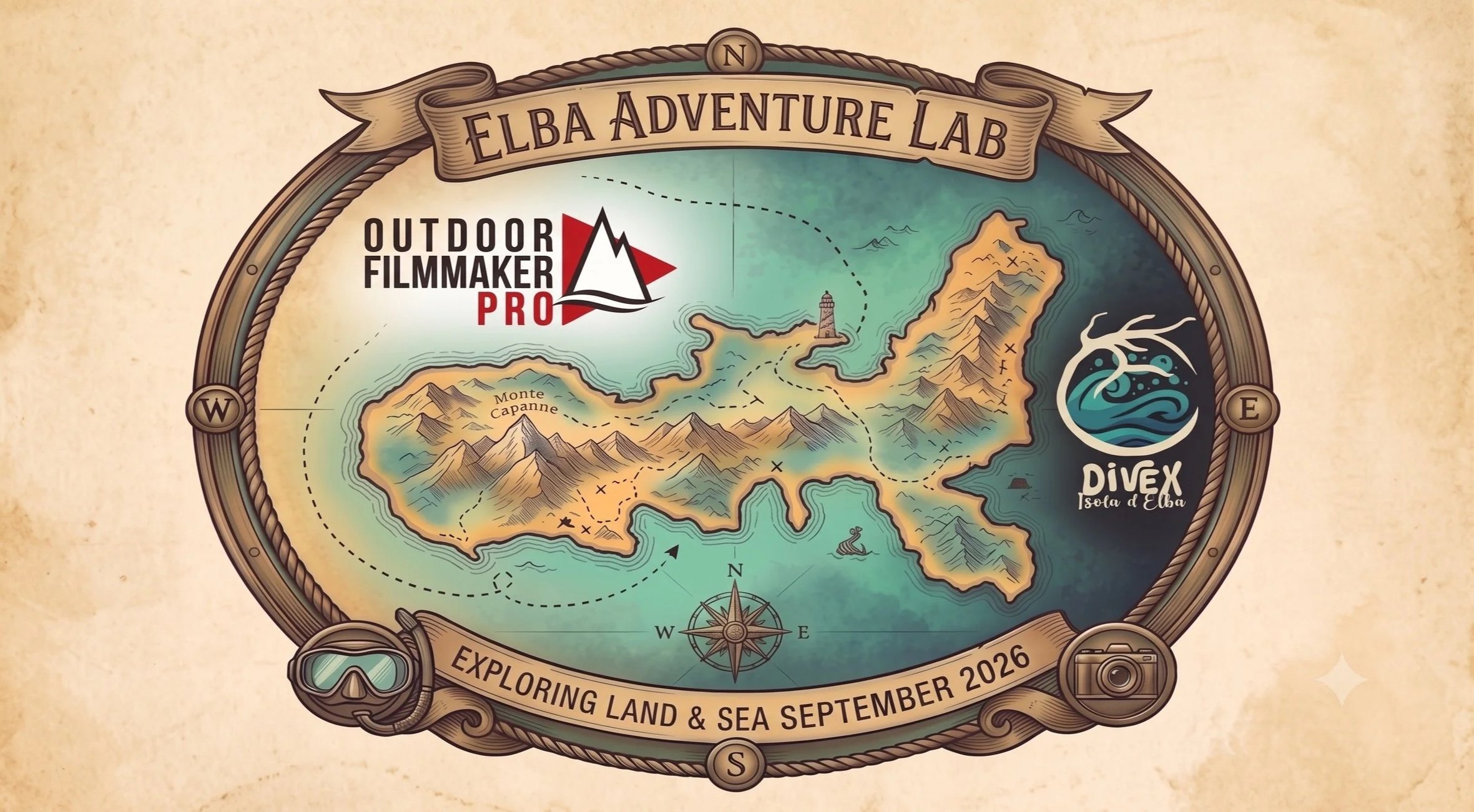 Mappa illustrata dell'Isola di Elba con montagne, costa e mare, indicazioni per esplorare terra e mare, con loghi di Outdoor Filmmaker Pro e DiveX.