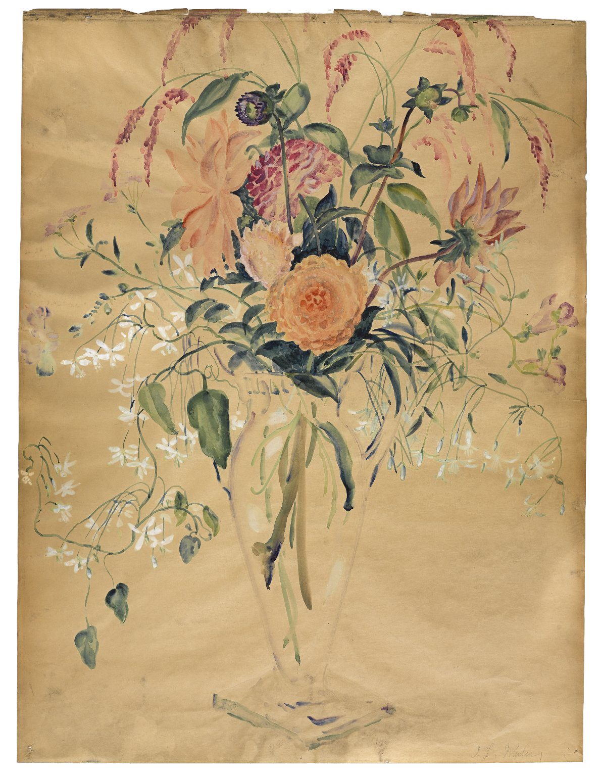 A watercolor painting of a bouquet of flowers in a clear glass vase, featuring various colorful flowers and green foliage against a light yellow background.