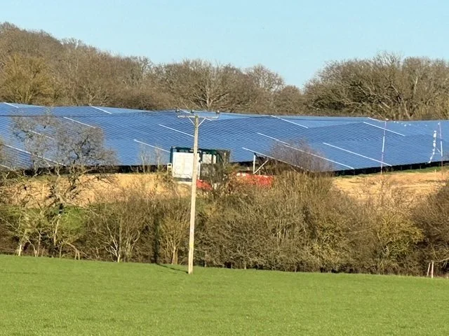 A landscape with a green grassy field in the foreground, a utility pole with wires, and a hillside with multiple solar panels in the background, along with some trees.