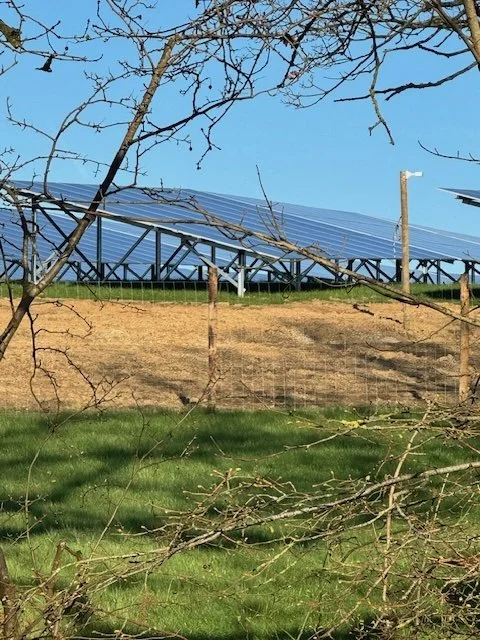 A solar panel installation on a farm or open field with a tree and some fencing in the foreground.