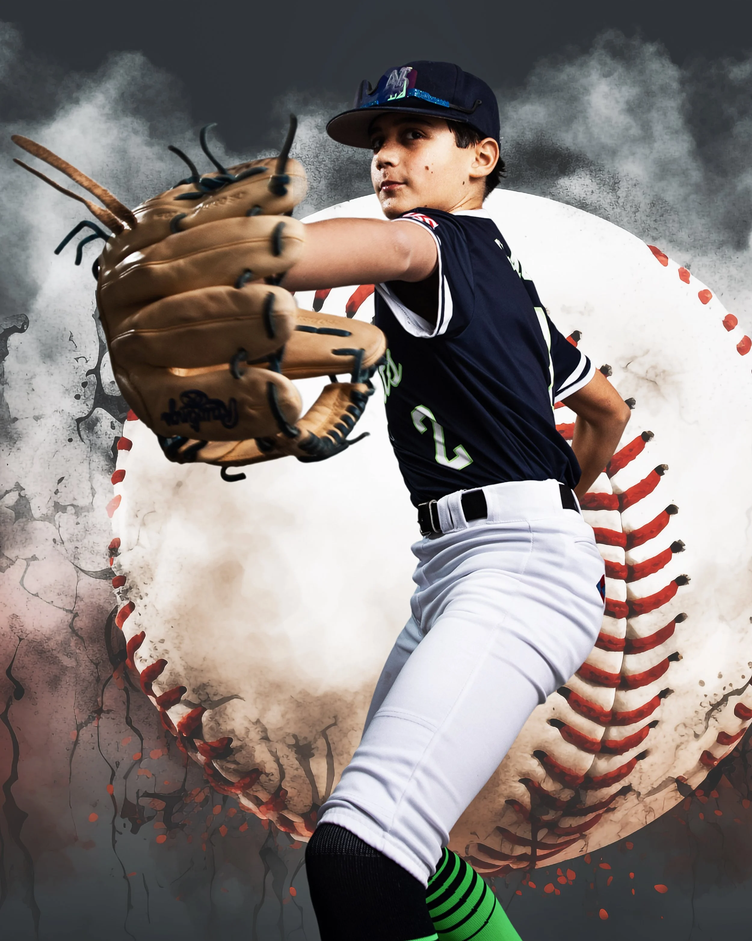 A young baseball player in uniform with a glove, big baseball in the background, dark stormy sky.
