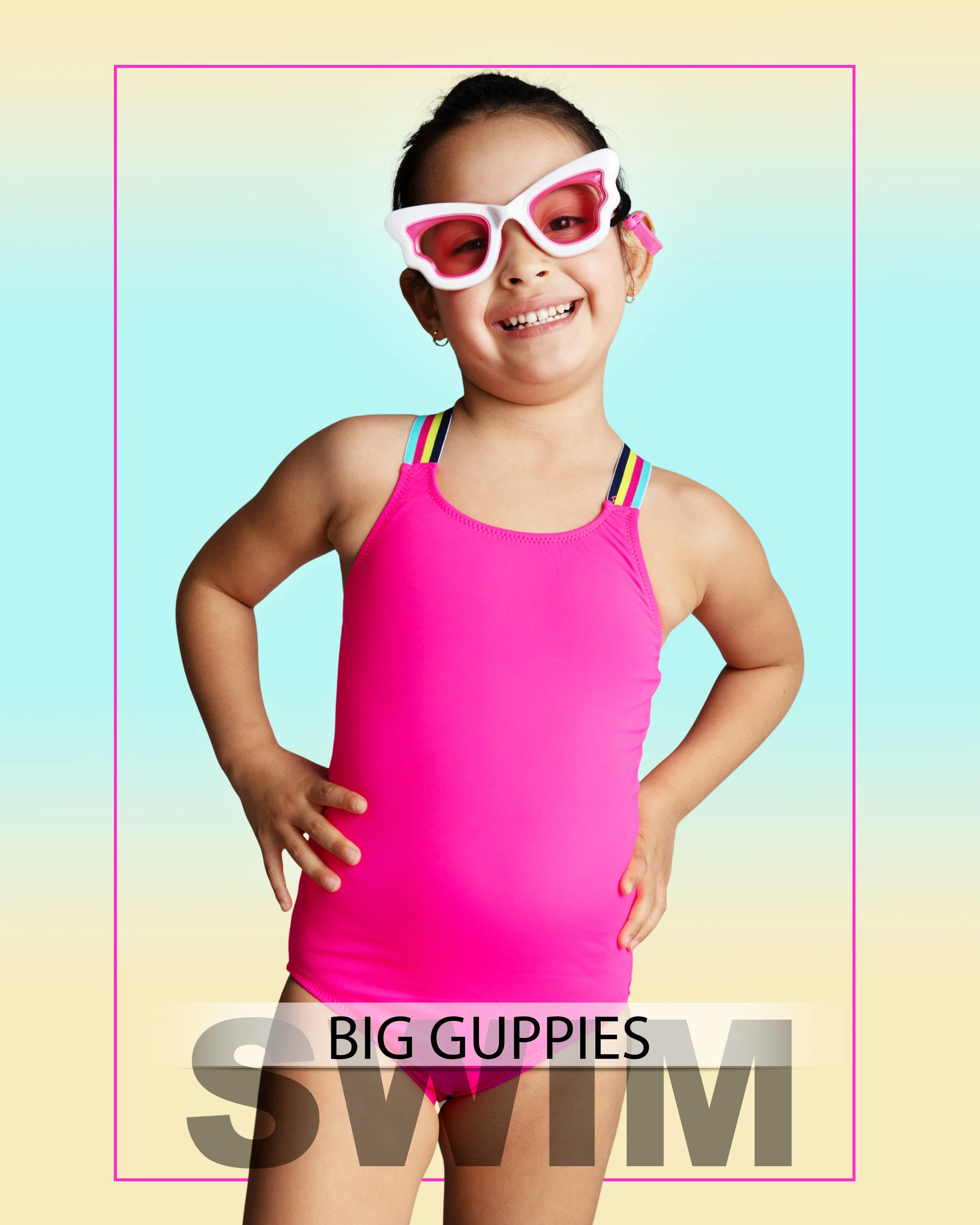 Young girl wearing pink swimsuit, large pink sunglasses, smiling, with hands on hips, standing against a pastel-colored background with a pink border.