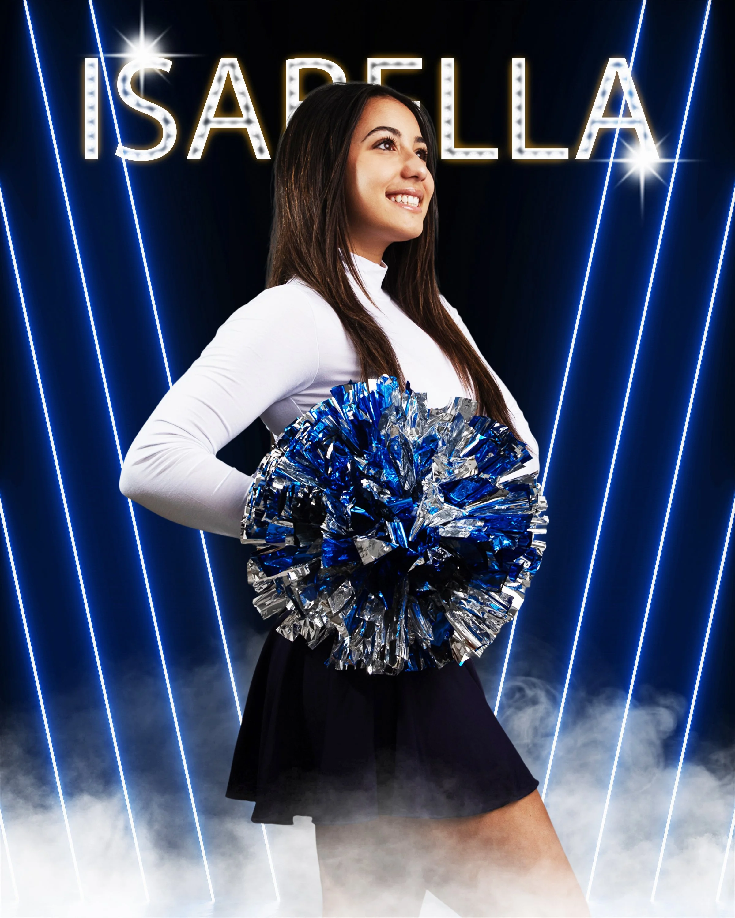 Young woman smiling with cheerleading pom-poms in front of a neon light sign that says 'ISABELLA' and blue neon light lines.