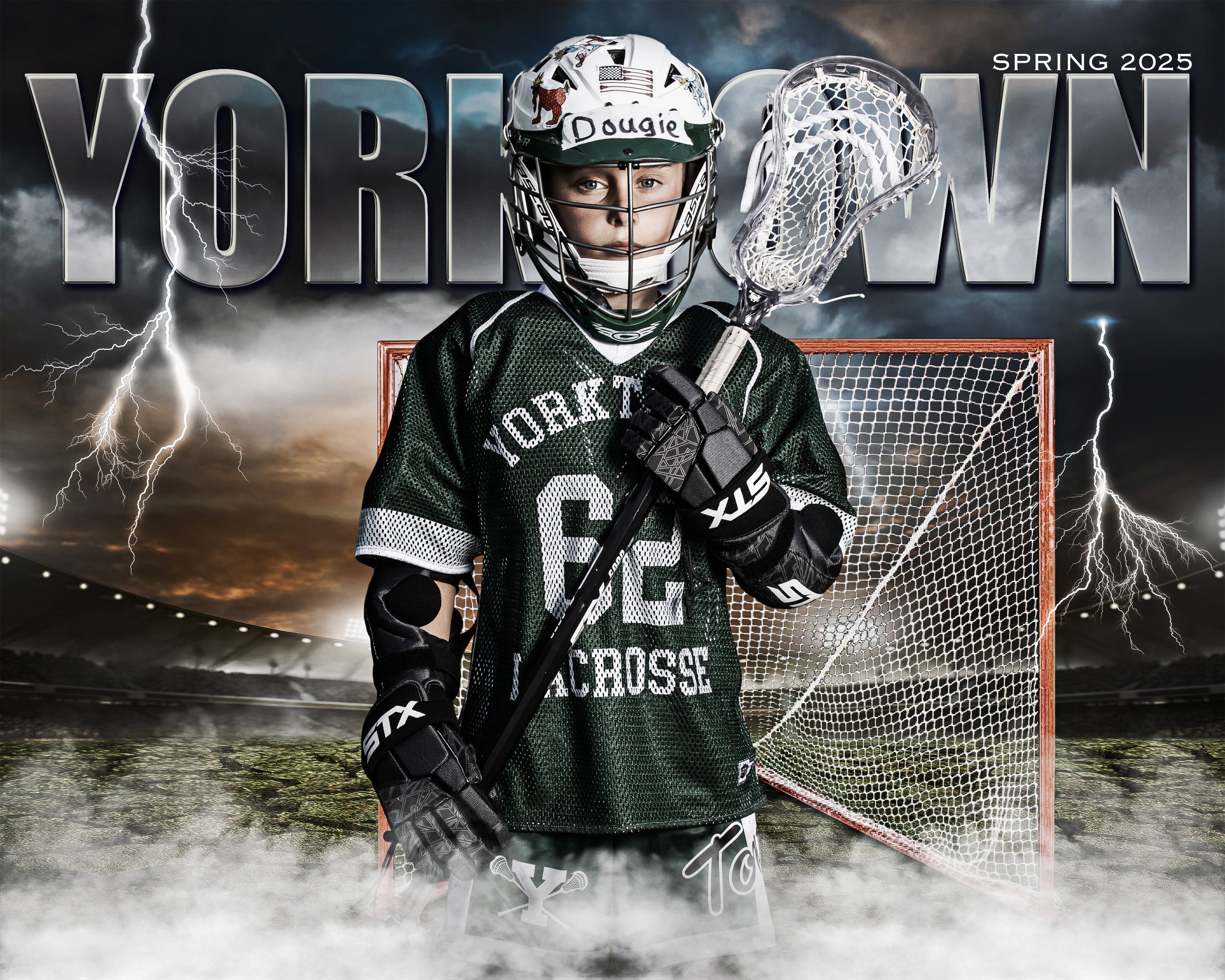 A young hockey player in green jersey and helmet standing in front of a hockey net, holding a lacrosse stick, with stormy sky and lightning in the background, and the words "YORKTOWN" and "SPRING 2025".