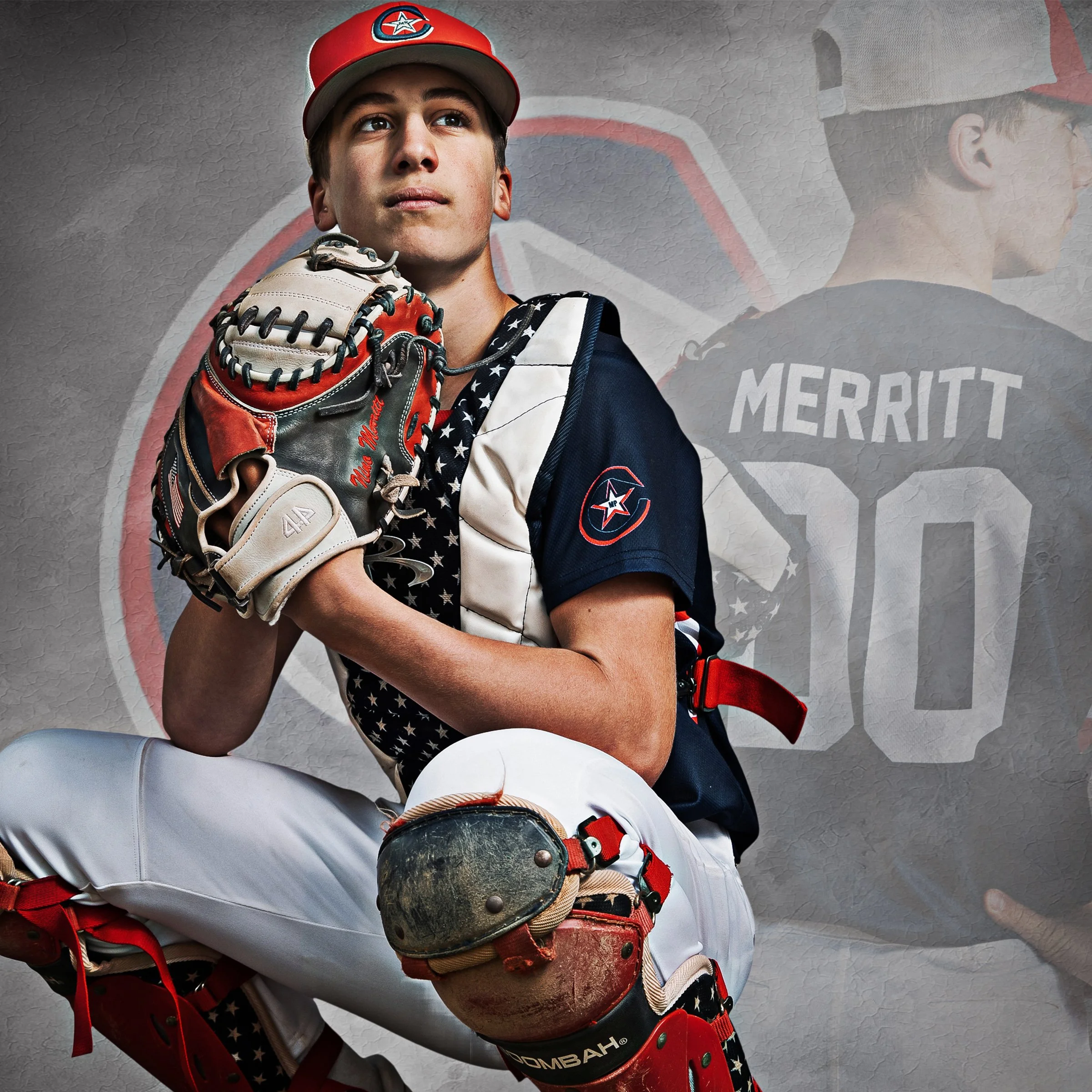 Young male baseball catcher wearing a patriotic uniform with stars and stripes, holding a mitt, and kneeling with a dirt-stained catcher's mask in front of a textured background featuring a faint image of himself from behind with the name 'Merritt' a