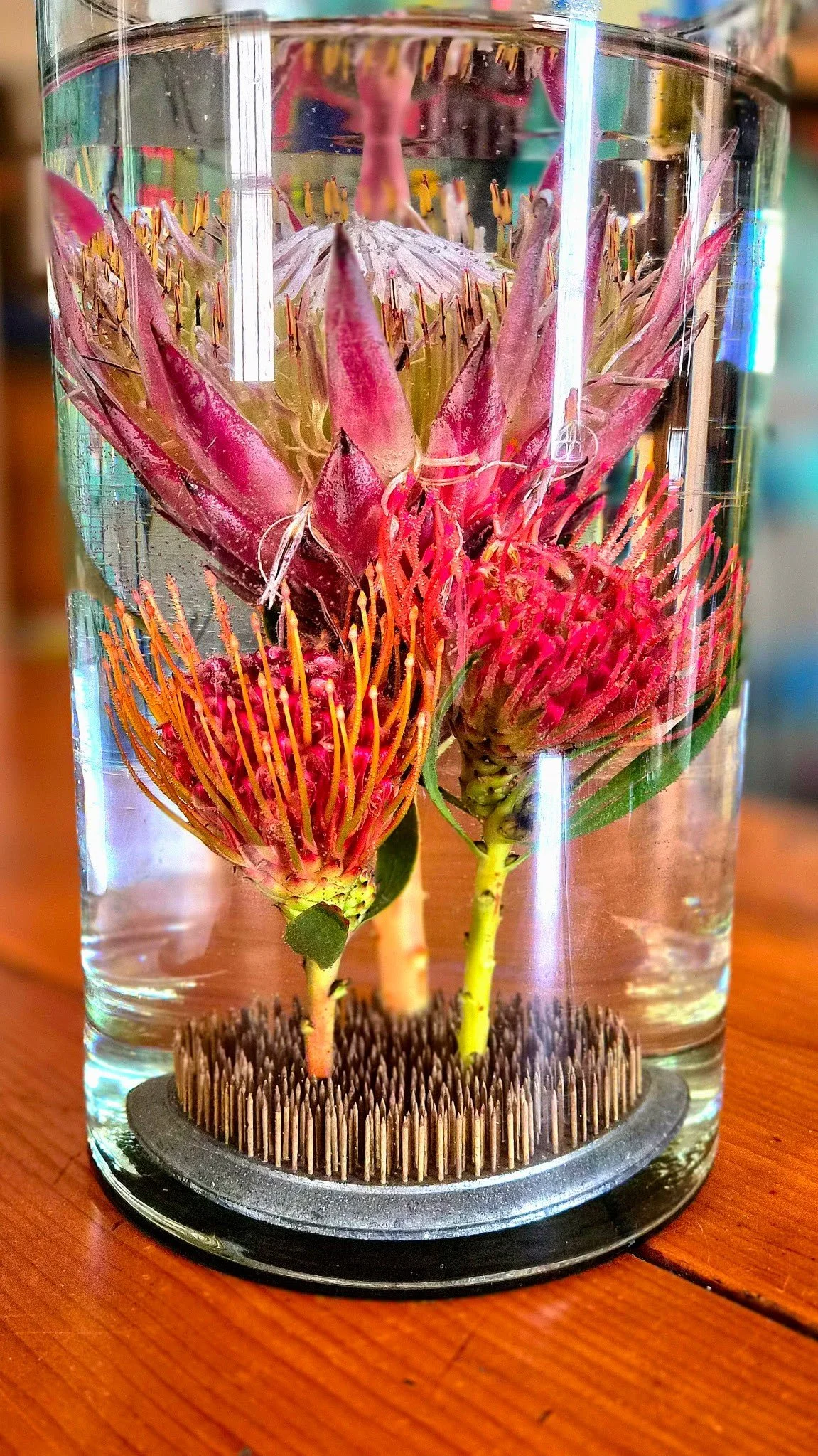 A glass container filled with water holding a preserved tropical flower display, including pink protea flowers and similar floral elements, arranged on a wooden surface.
