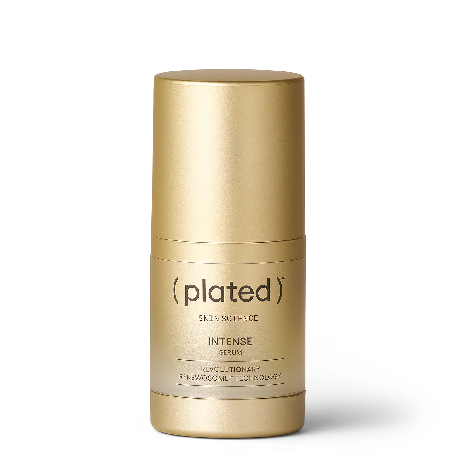A gold-colored bottle of Plated Skin Science Intensive Serum with a cylindrical shape and a matte finish.