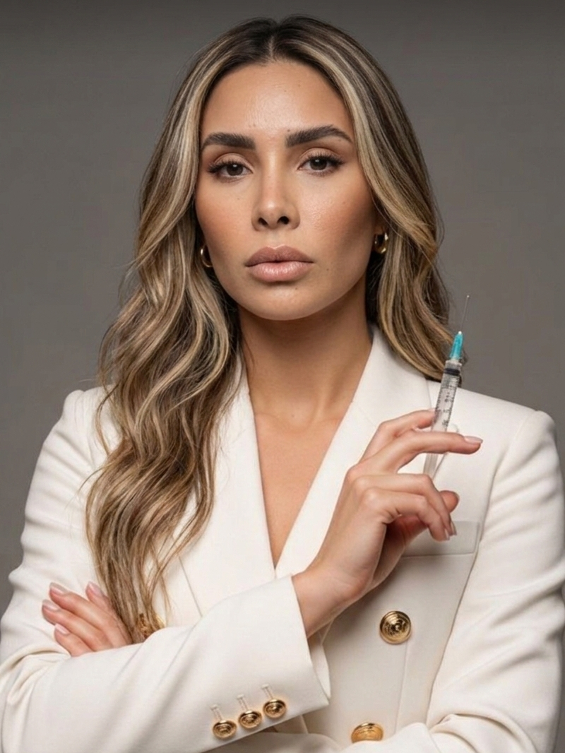 A woman with long wavy blonde hair wearing a white blazer holding a syringe with a blue cap, looking confidently at the camera against a gray background.