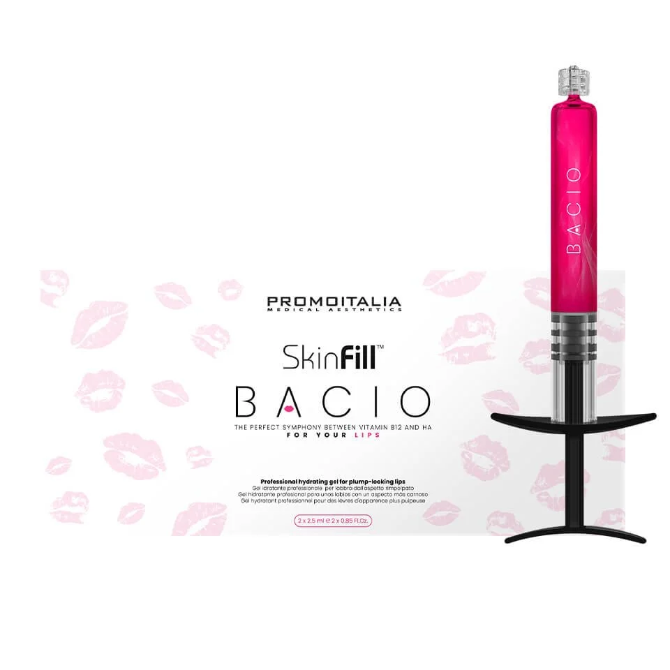 Packaging box for Bacio SkinFill, a hydrating lip gel, with a pink lipstick tube and a black stand, decorated with pink lip prints and text describing the product as a professional hydrating gel for lips.