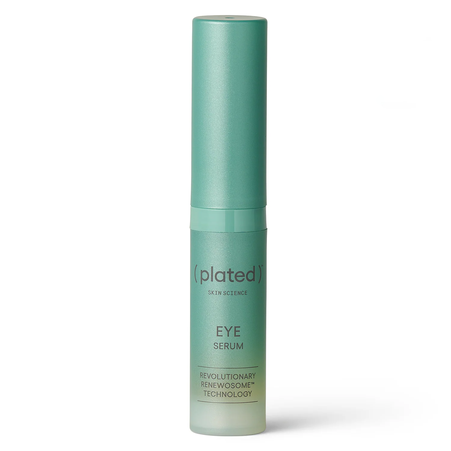 A tall, cylindrical, light green bottle of Planted skin science eye serum with a matte finish and a matching cap.