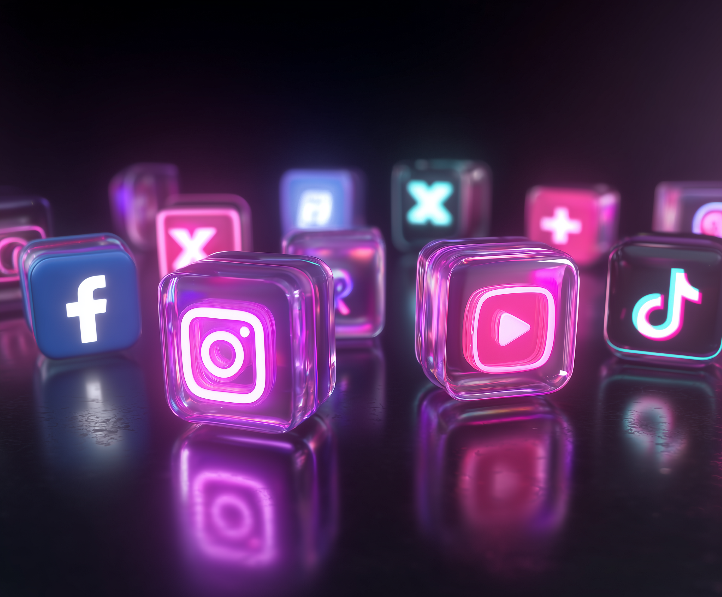 Colorful, glowing app icons, including Facebook, Instagram, TikTok, and others, floating above a reflective surface with a dark background.