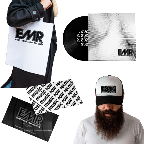 A person holding a white shopping bag with the EMR logo, a vinyl record, album cover art, a black EMR booklet, and a man wearing a cap with the EMR logo and a full beard.
