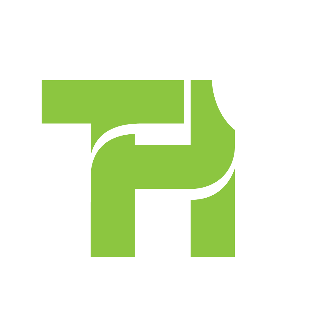 A green, stylized letter 'TH' with a leaf attached to its top right corner.